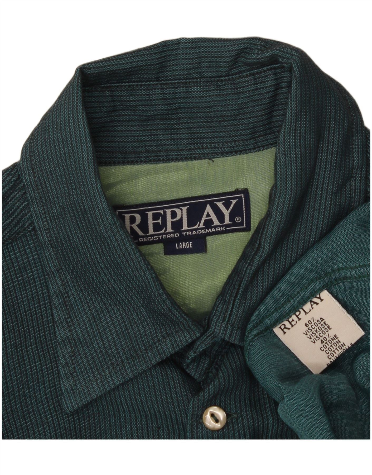 REPLAY Mens Shirt Large Green Pinstripe Viscose Vintage Replay and Second-Hand Replay from Messina Hembry