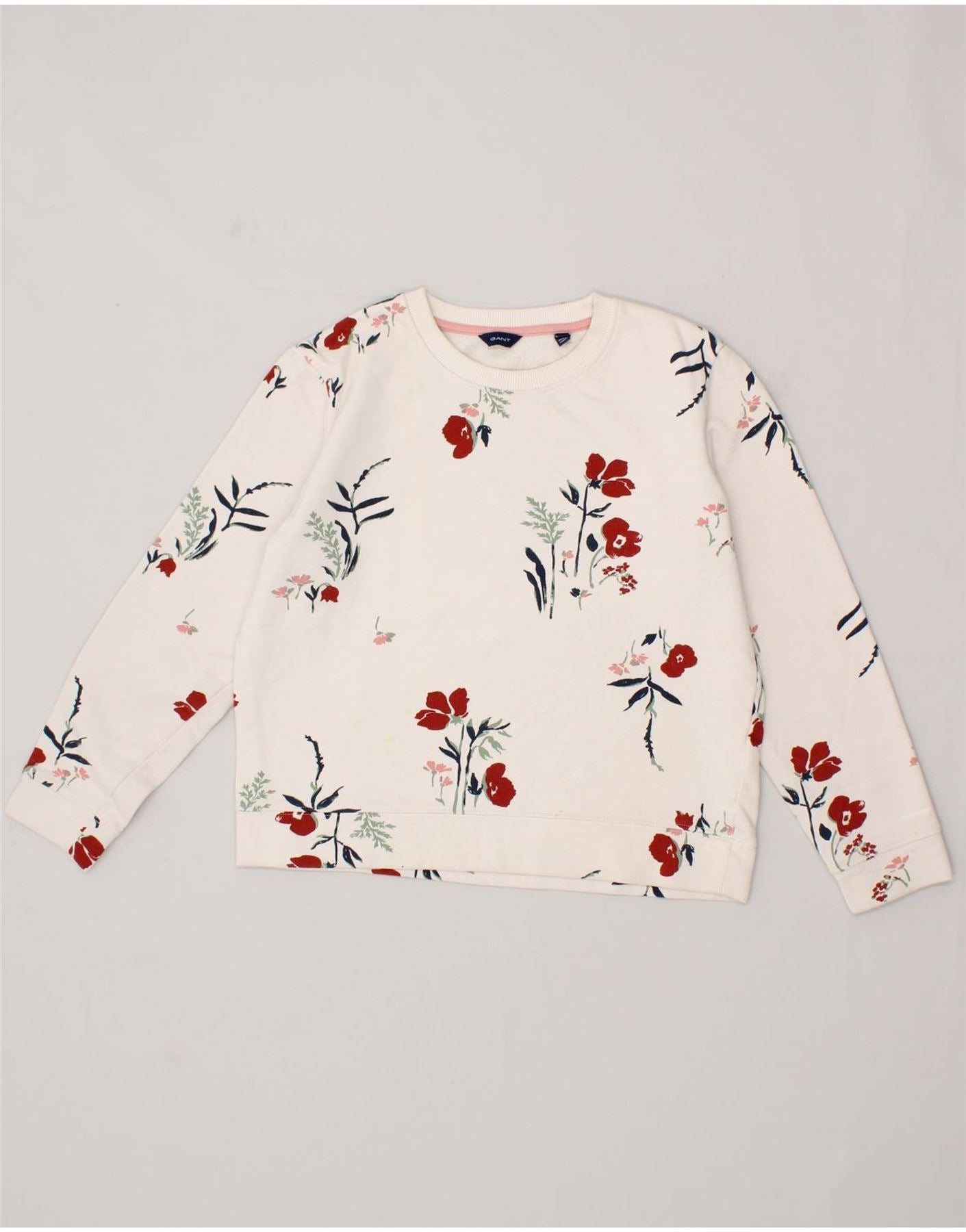 GANT Womens Graphic Crop Sweatshirt Jumper UK 14 Medium White Floral Vintage Gant and Second-Hand Gant from Messina Hembry