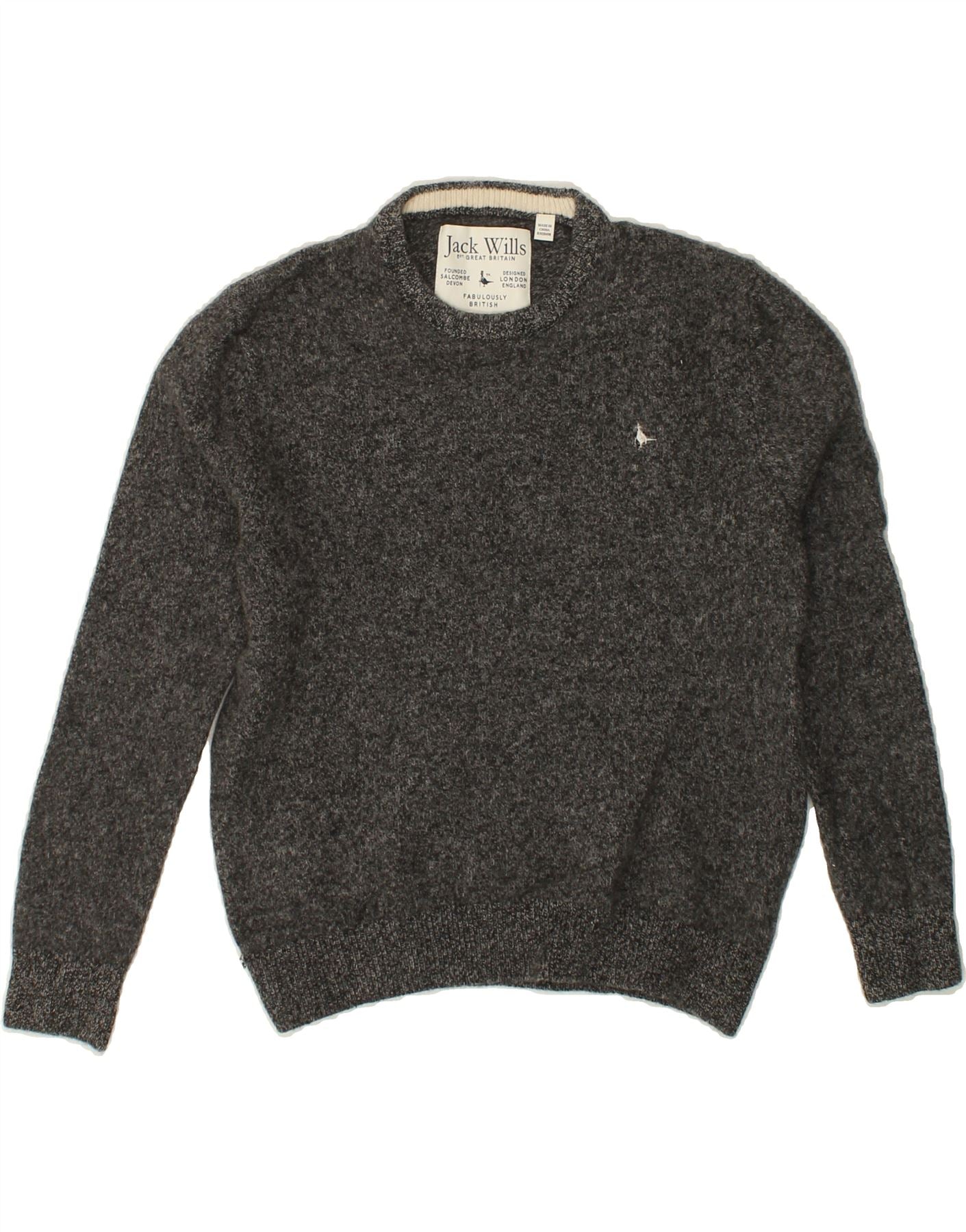 JACK WILLS Womens Crew Neck Jumper Sweater UK 14 Medium Grey Merino Wool Vintage Jack Wills and Second-Hand Jack Wills from Messina Hembry