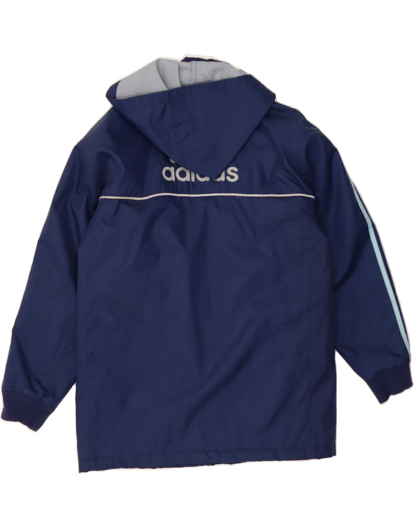 ADIDAS Boys Graphic Hooded Windbreaker Jacket 13-14 Years Navy Blue Vintage Adidas and Second-Hand Adidas from Messina Hembry