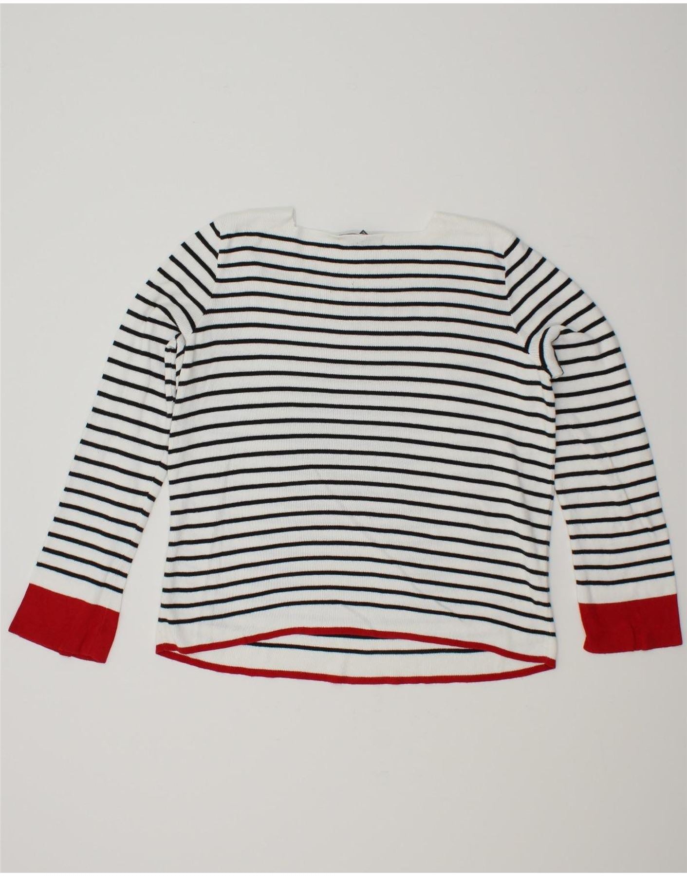 LAURA ASHLEY Womens Boat Neck Jumper Sweater UK 12 Medium  White Striped Vintage Laura Ashley and Second-Hand Laura Ashley from Messina Hembry