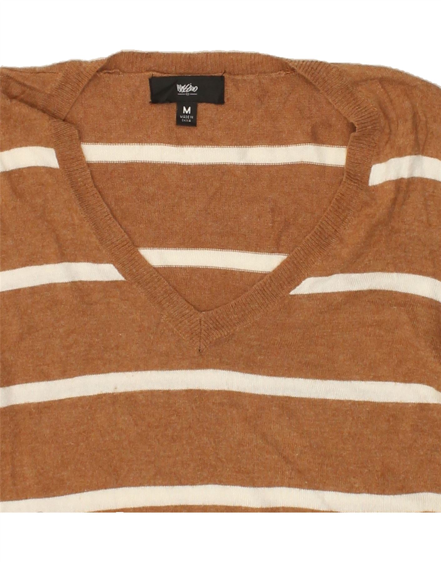 MOSSIMO Womens V-Neck Jumper Sweater UK 14 Medium Brown Striped Nylon Vintage Mossimo and Second-Hand Mossimo from Messina Hembry