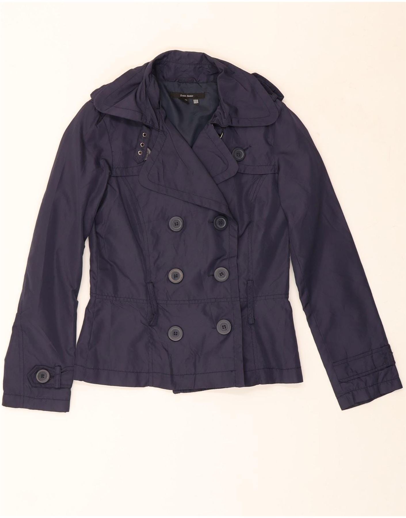 ZARA Womens Short Pea Coat UK 6 XS Navy Blue Nylon Vintage Zara and Second-Hand Zara from Messina Hembry
