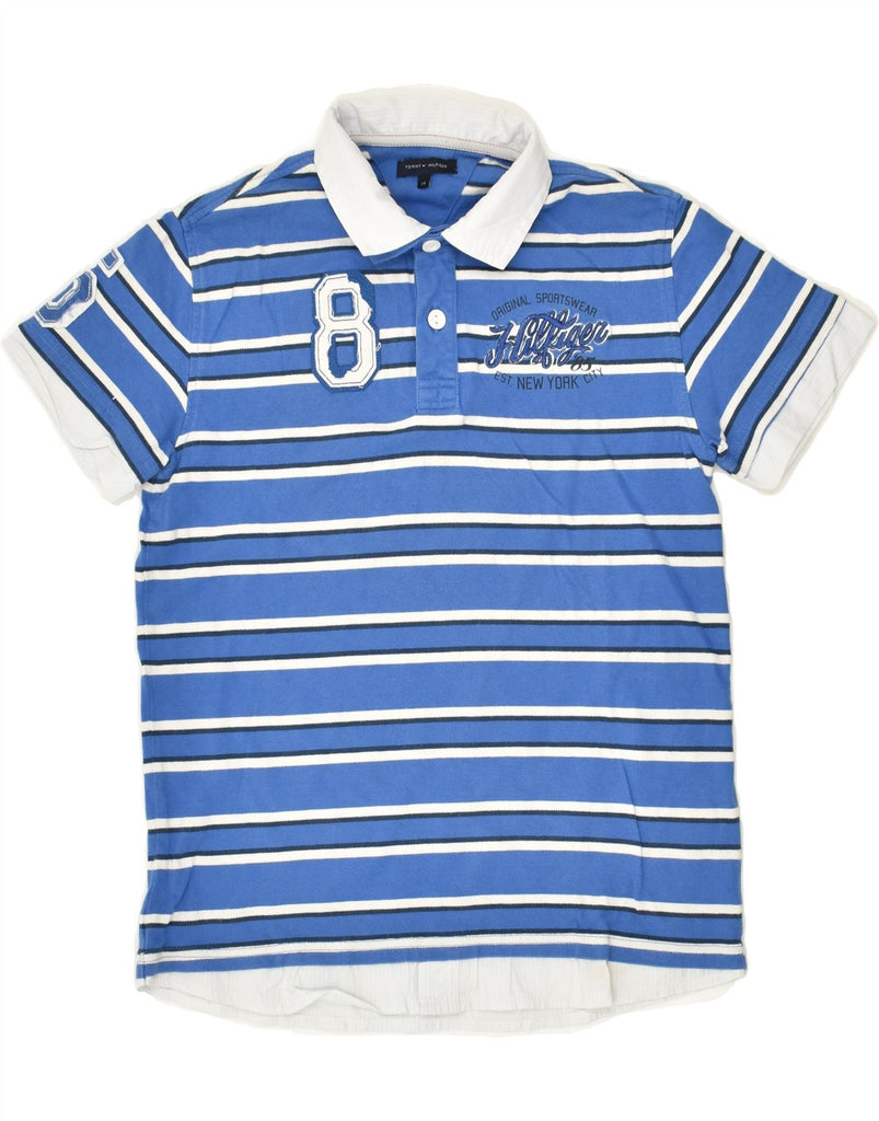 TOMMY HILFIGER Boys Graphic Rugby Polo Shirt 13-14 Years Blue Striped | Vintage Tommy Hilfiger | Thrift | Second-Hand Tommy Hilfiger | Used Clothing | Messina Hembry 