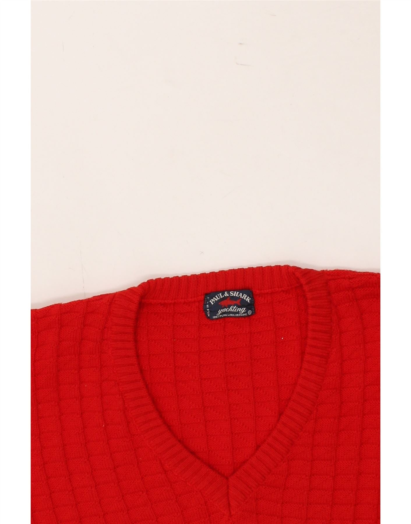 PAUL & SHARK Mens Yachting V-Neck Jumper Sweater Large Red Virgin Wool Vintage Paul & Shark and Second-Hand Paul & Shark from Messina Hembry