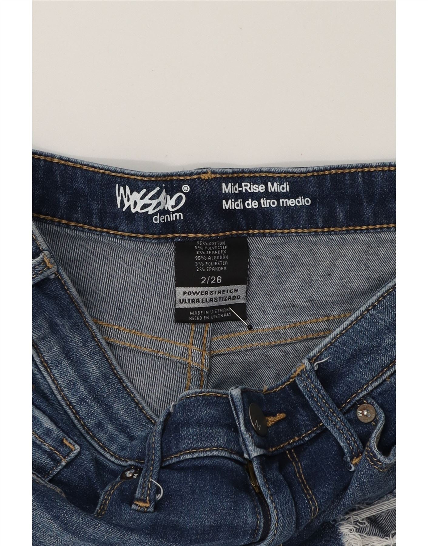 MOSSIMO Womens Mid Rise Distressed Denim Shorts US 2 XS W26 Blue Cotton Vintage Mossimo and Second-Hand Mossimo from Messina Hembry