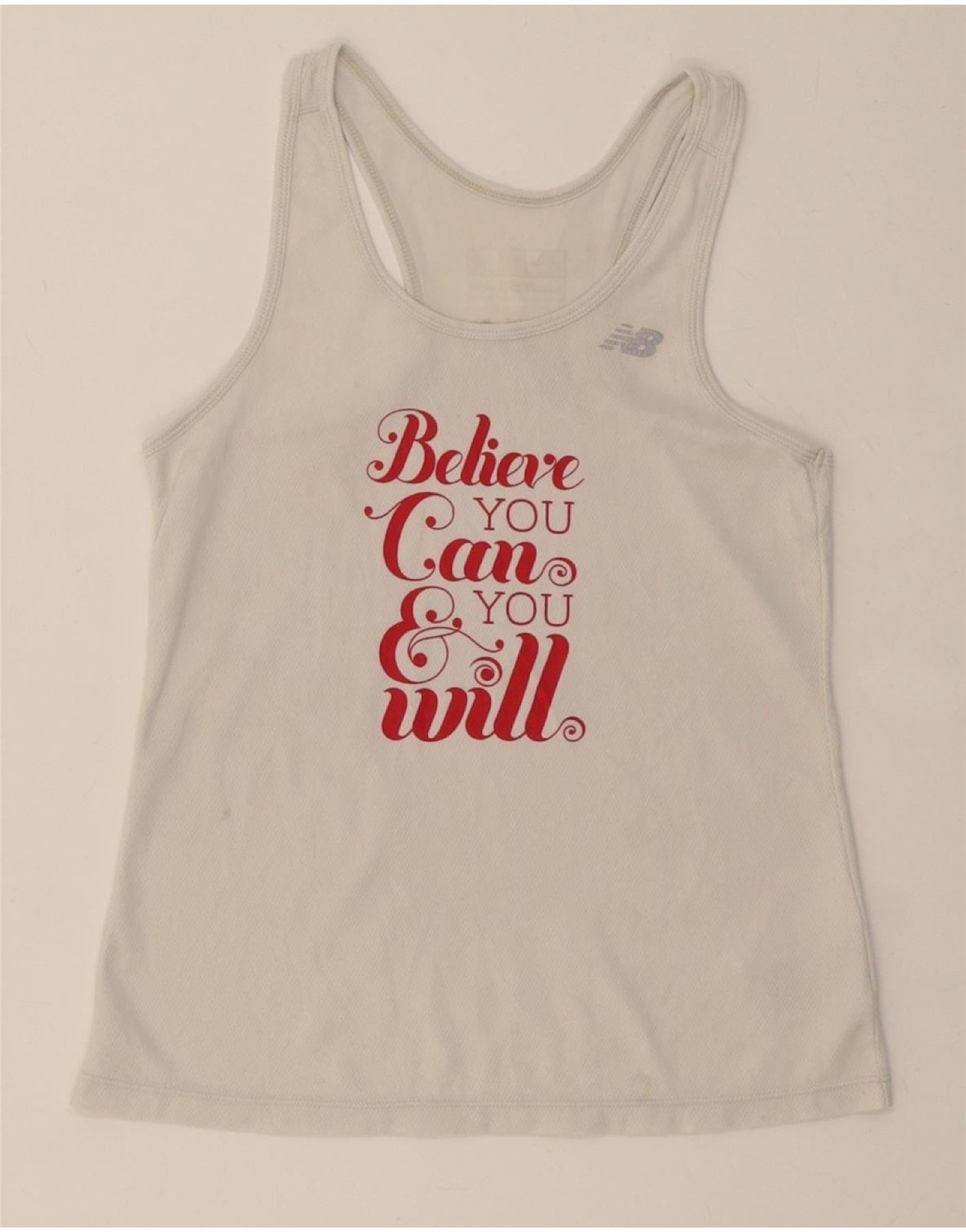 NEW BALANCE Womens Graphic Vest Top UK 10 Small White Polyester Vintage New Balance and Second-Hand New Balance from Messina Hembry