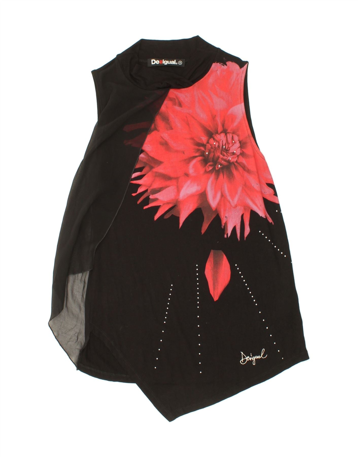 DESIGUAL Womens Sleeveless Asymmetric Blouse Top UK 6 XS Black Floral Vintage Desigual and Second-Hand Desigual from Messina Hembry