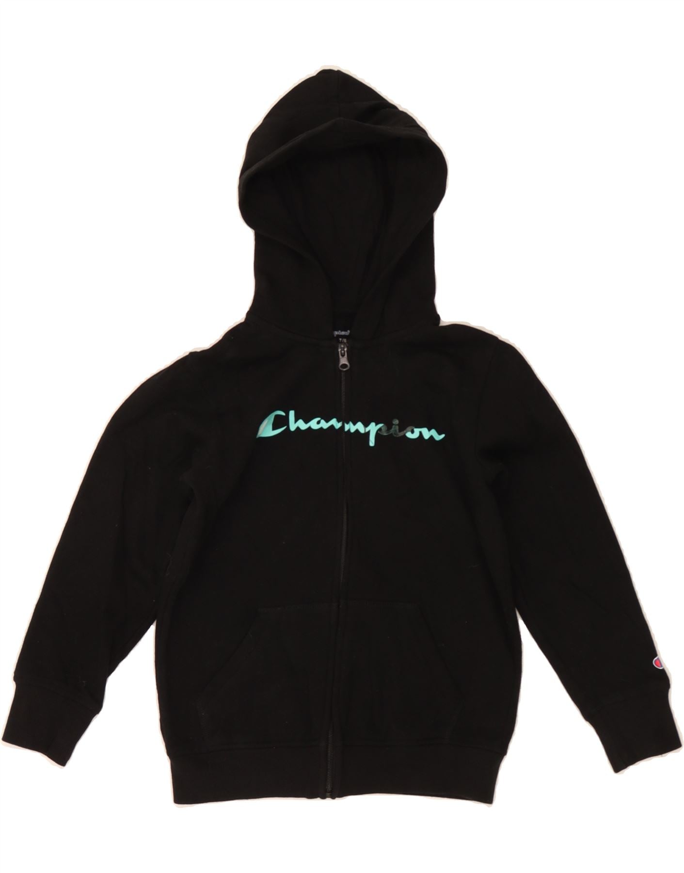 CHAMPION Girls Graphic Zip Hoodie Sweater 7-8 Years Black Cotton Vintage Champion and Second-Hand Champion from Messina Hembry