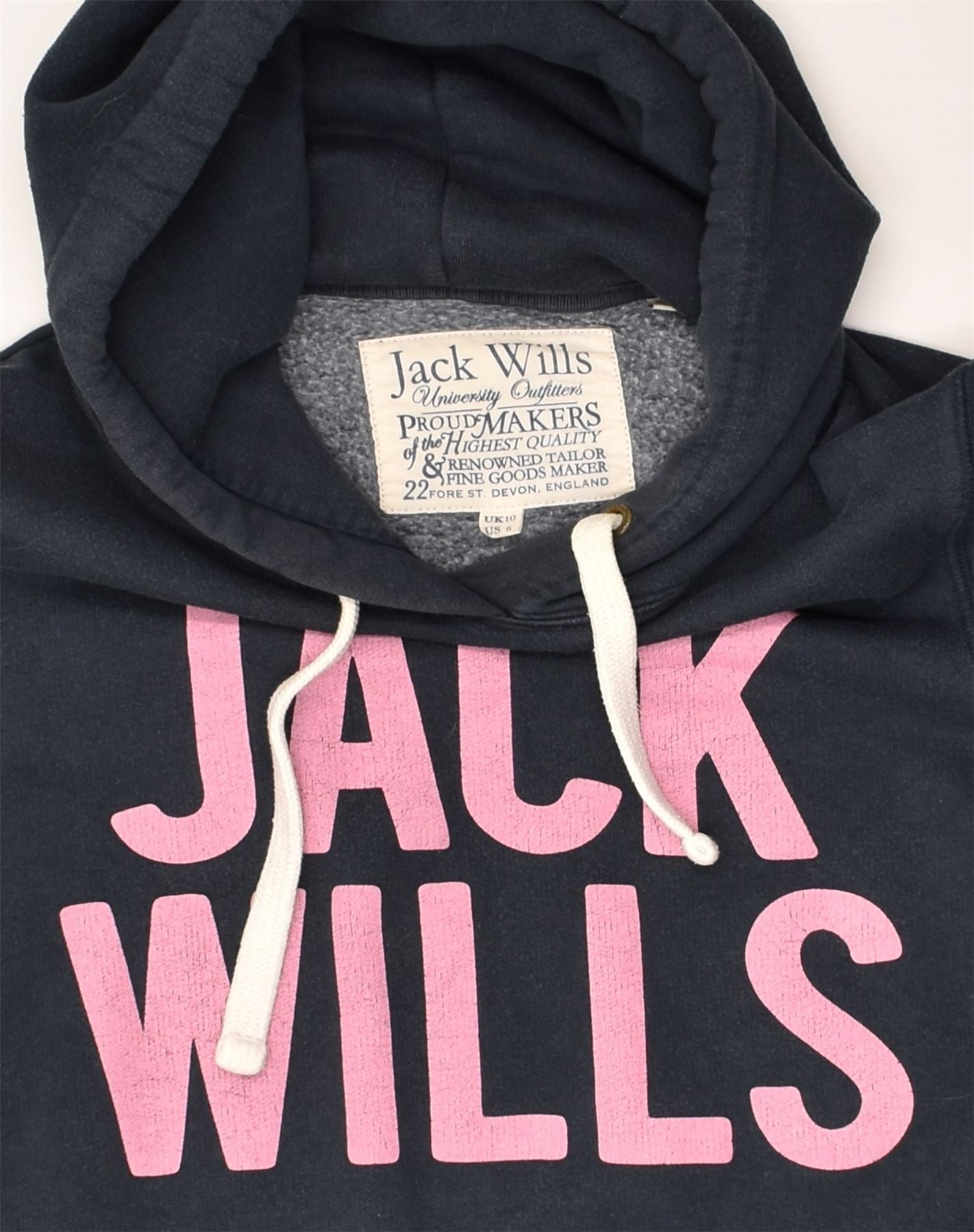 JACK WILLS Womens Graphic Hoodie Jumper UK 10 Small  Navy Blue Cotton | Vintage Jack Wills | Thrift | Second-Hand Jack Wills | Used Clothing | Messina Hembry