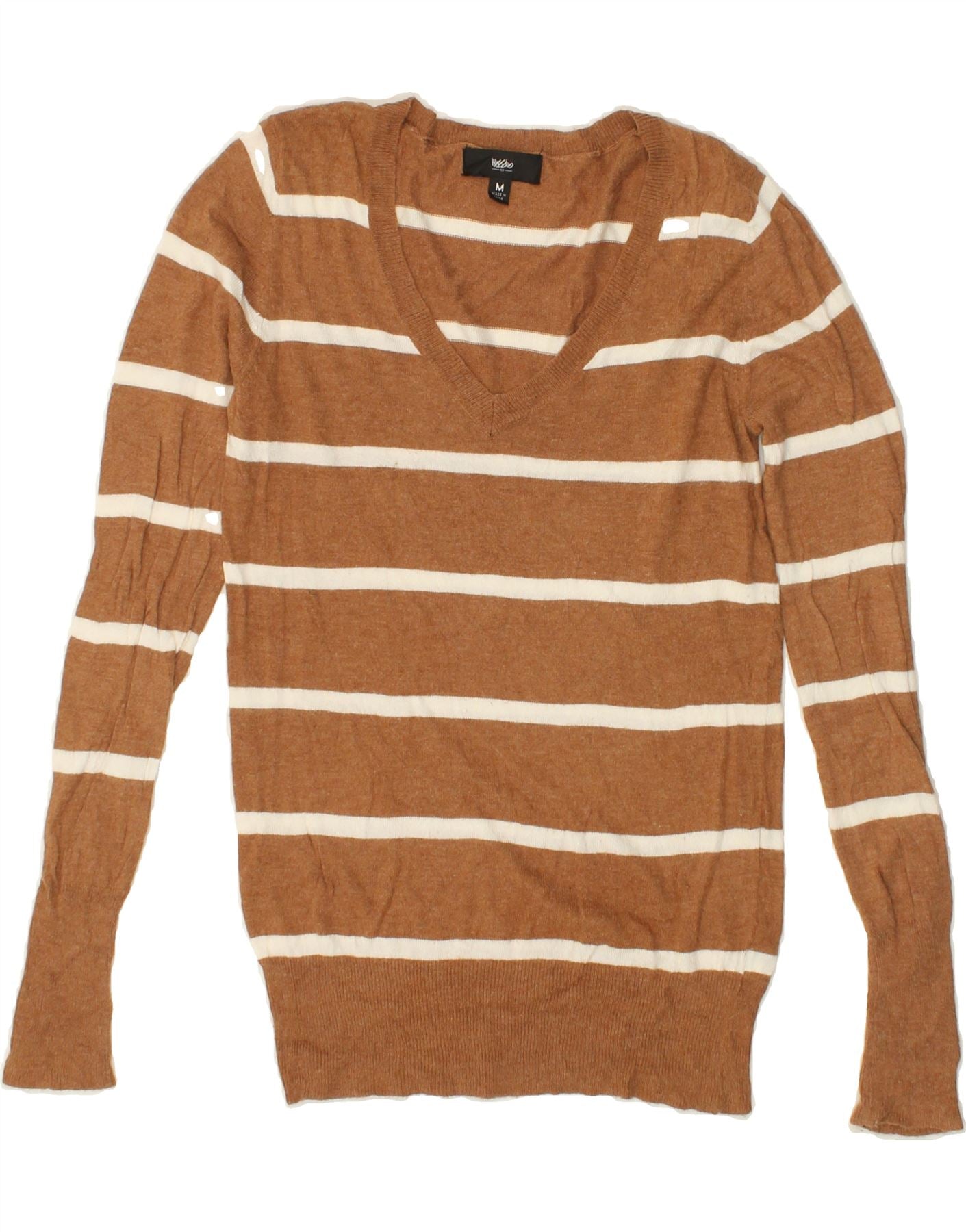 MOSSIMO Womens V-Neck Jumper Sweater UK 14 Medium Brown Striped Nylon Vintage Mossimo and Second-Hand Mossimo from Messina Hembry