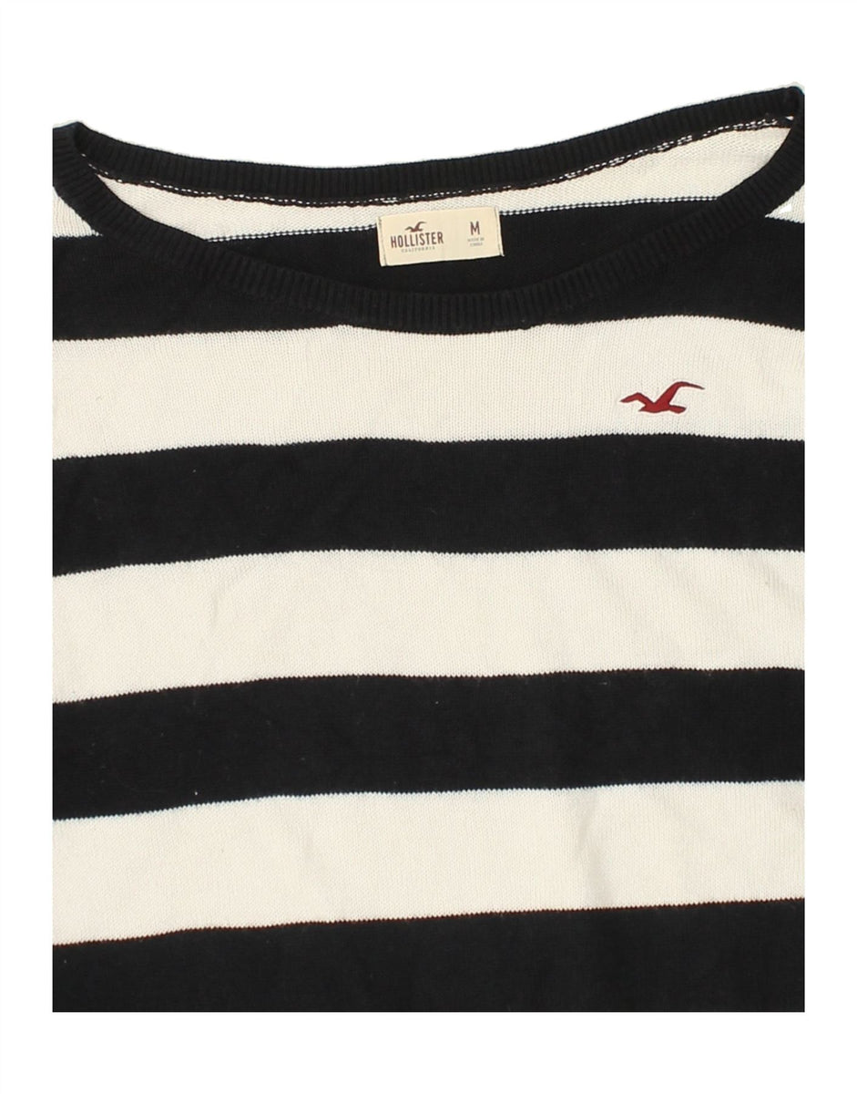 HOLLISTER Womens Boat Neck Jumper Sweater UK 14 Medium Black Striped