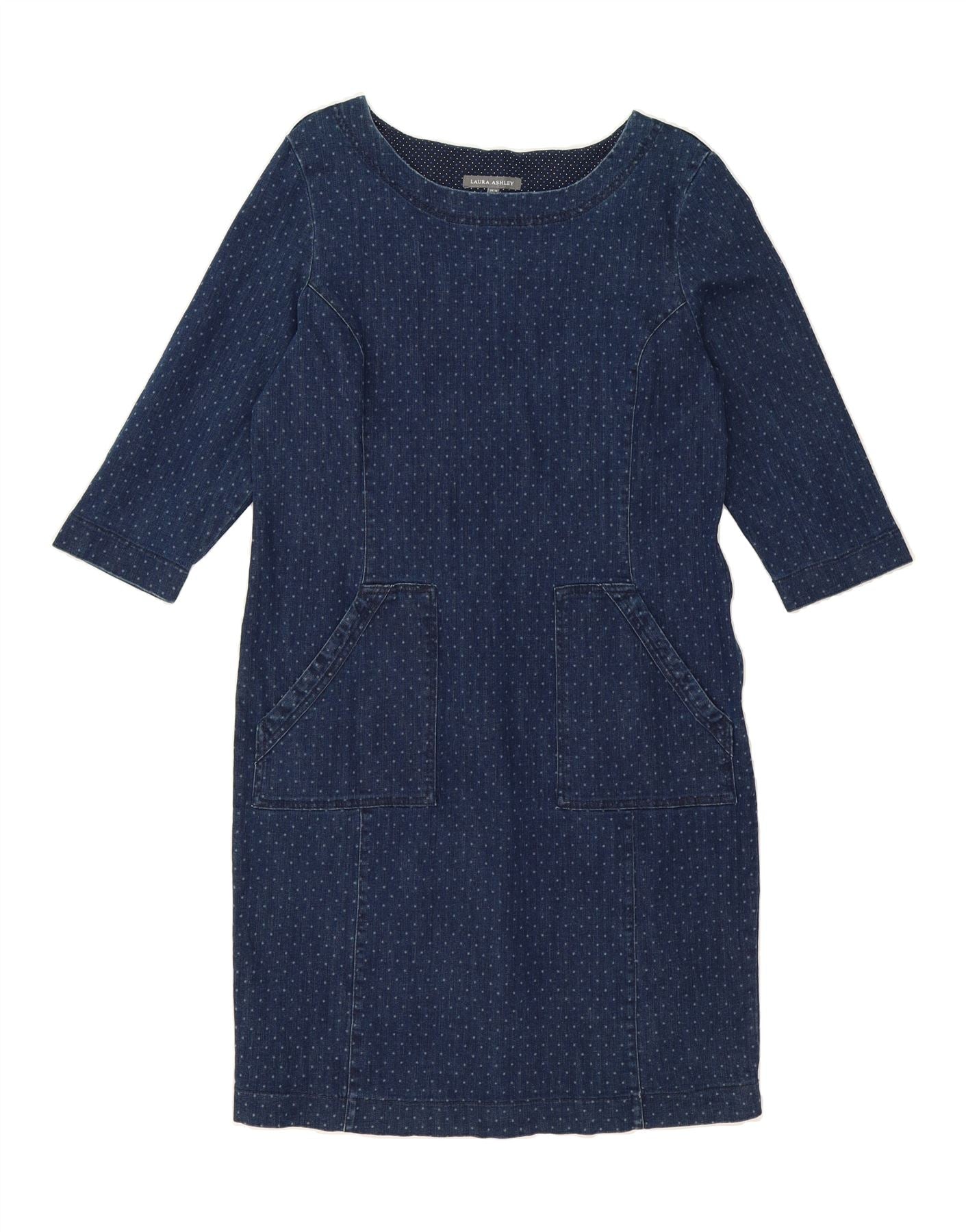 LAURA ASHLEY Womens 3/4 Sleeve Denim Dress UK 14 Large  Navy Blue Spotted Vintage Laura Ashley and Second-Hand Laura Ashley from Messina Hembry