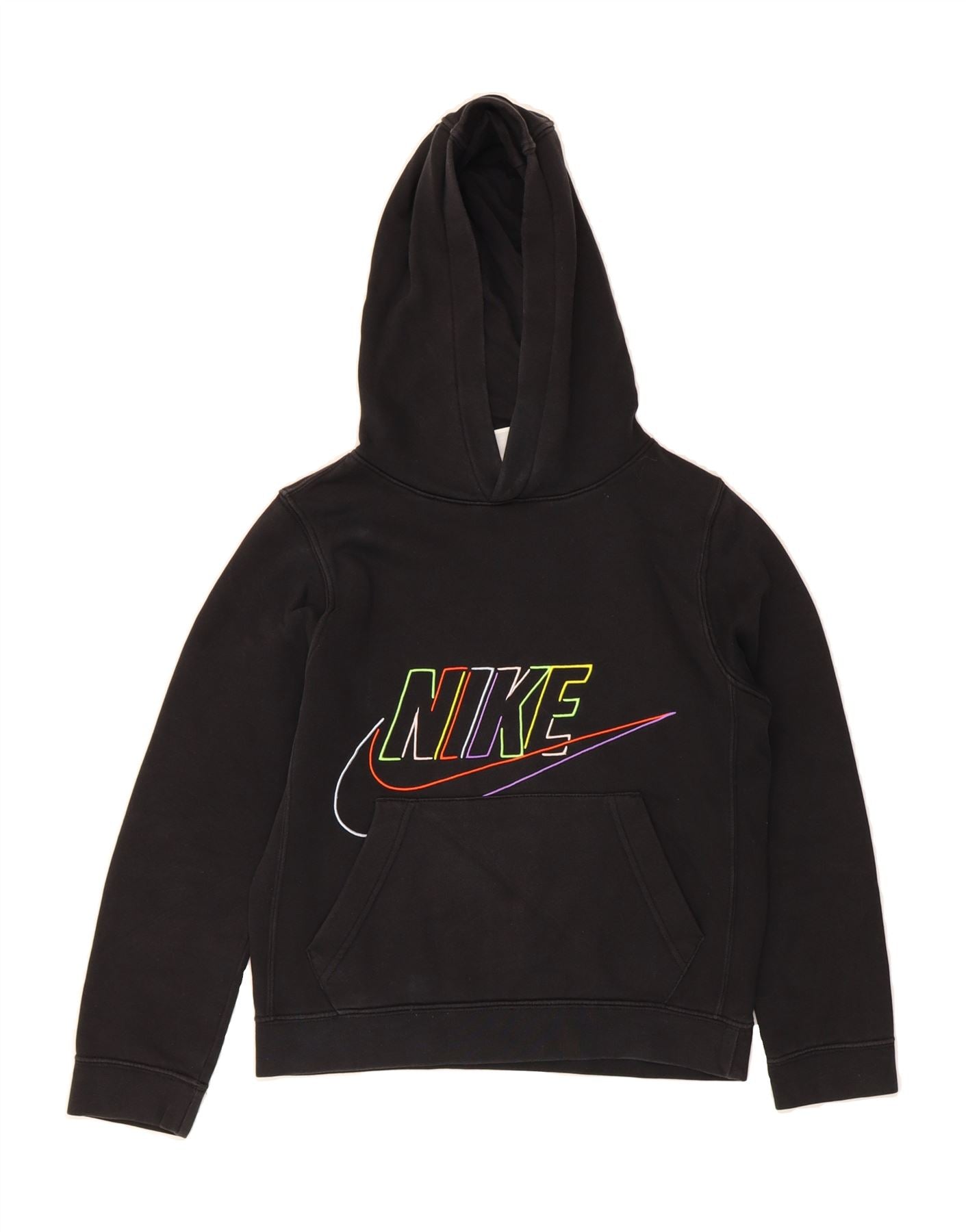 NIKE Boys Graphic Hoodie Jumper 10-11 Years Medium Black Cotton Vintage Nike and Second-Hand Nike from Messina Hembry