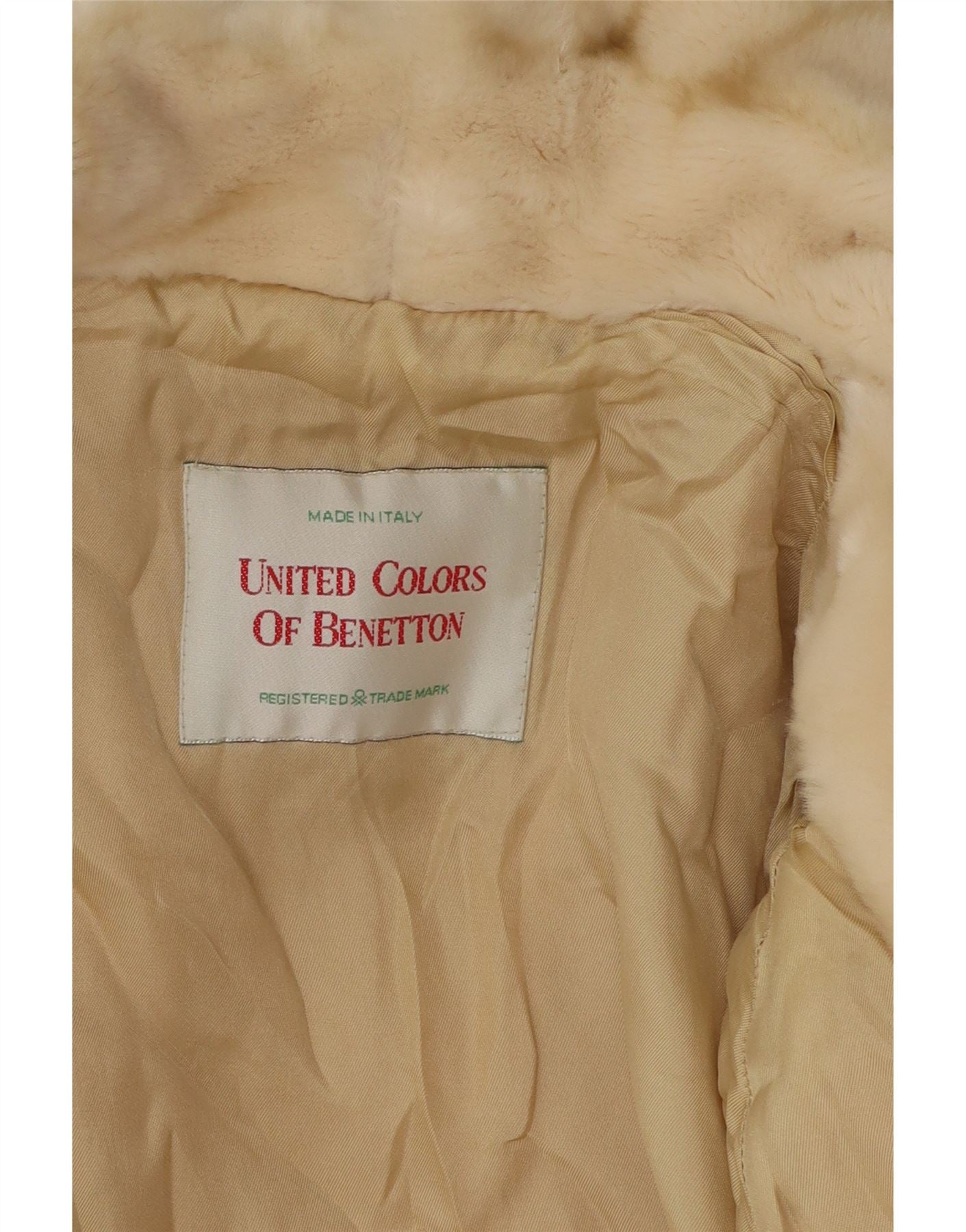 BENETTON Womens 3/4 Sleeve Faux Fur Overcoat IT 42 Medium Beige Acrylic Vintage Benetton and Second-Hand Benetton from Messina Hembry