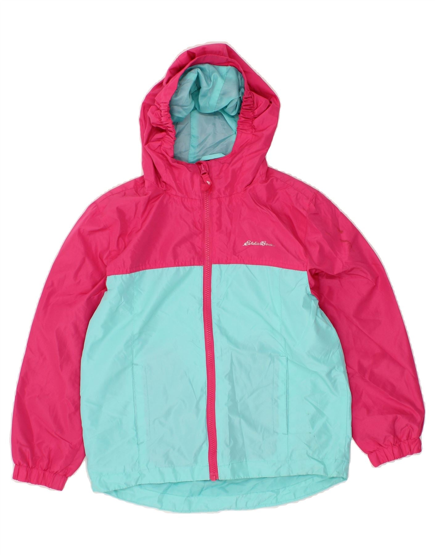 EDDIE BAUER Boys Hooded Rain Jacket 7-8 Years Small Turquoise Colourblock Vintage Eddie Bauer and Second-Hand Eddie Bauer from Messina Hembry