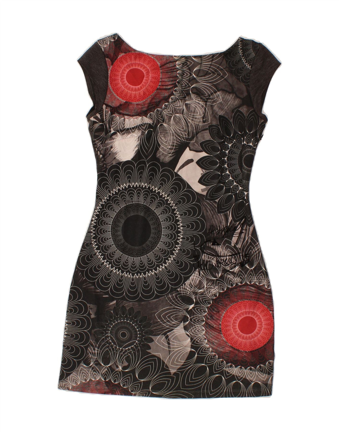 DESIGUAL Womens Graphic Bodycon Dress UK 8 Small Grey Floral Vintage Desigual and Second-Hand Desigual from Messina Hembry