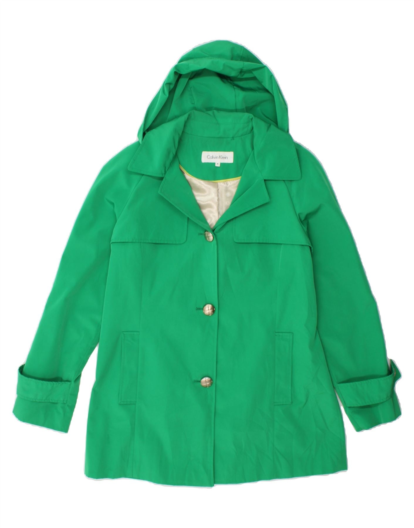 CALVIN KLEIN Womens Hooded Overcoat UK 14 Medium Green Polyester Vintage Calvin Klein and Second-Hand Calvin Klein from Messina Hembry