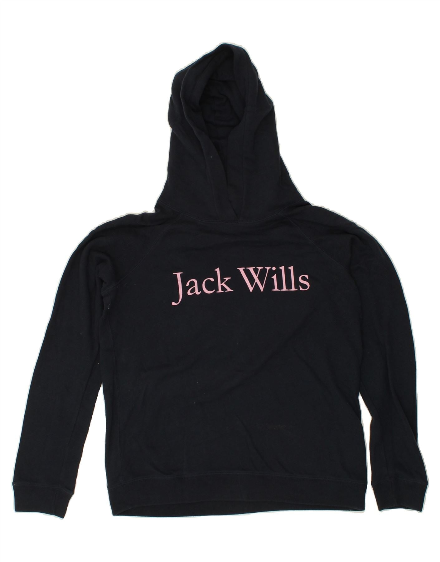 JACK WILLS Womens Graphic Hoodie Jumper UK 12 Medium  Navy Blue Cotton Vintage Jack Wills and Second-Hand Jack Wills from Messina Hembry