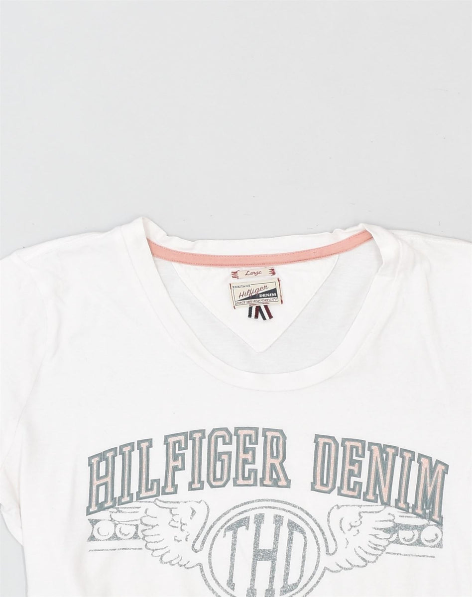 TOMMY HILFIGER Womens Graphic T-Shirt Top UK 14 Large White Cotton