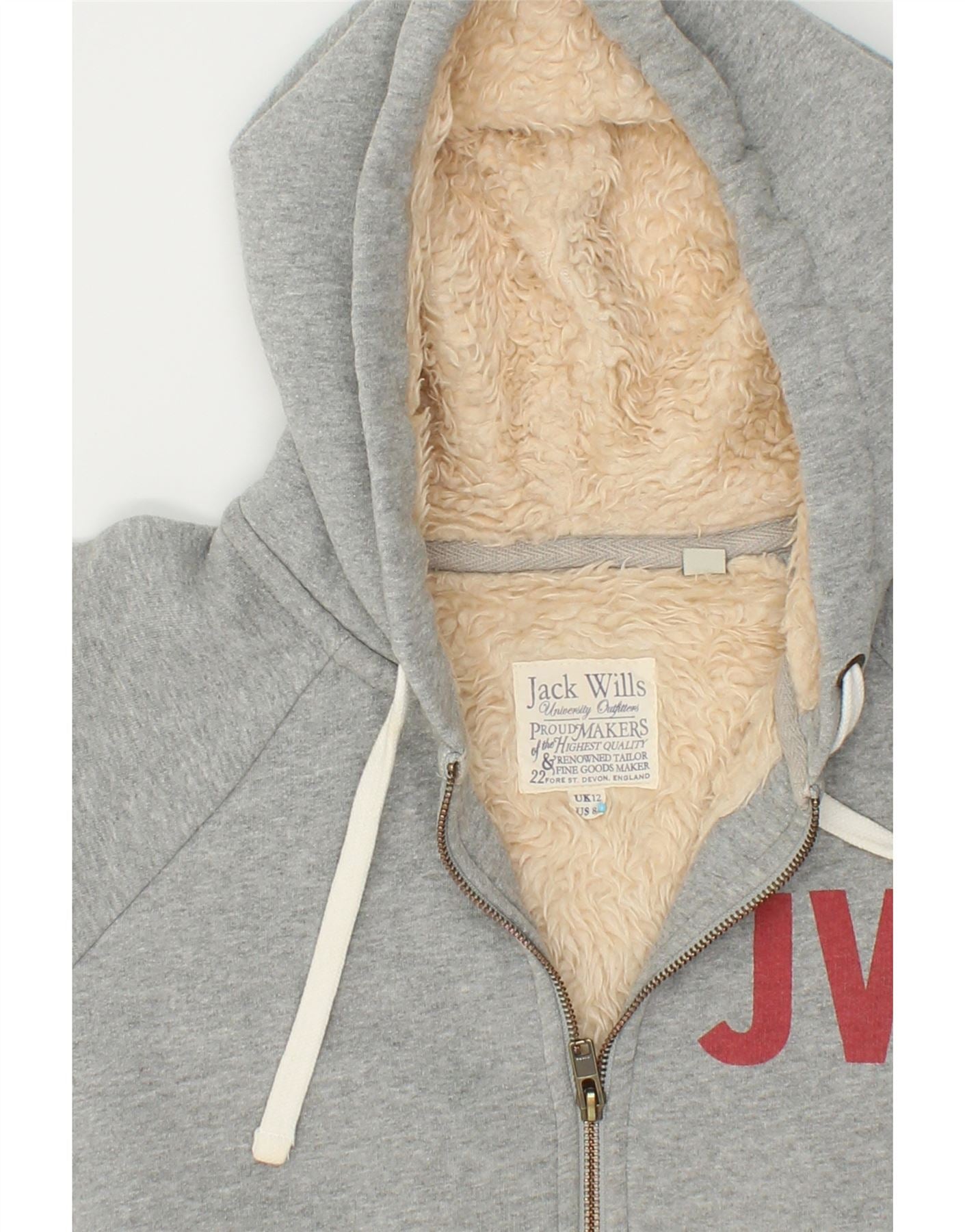 JACK WILLS Womens Graphic Zip Hoodie Sweater UK 12 Medium Grey Flecked Vintage Jack Wills and Second-Hand Jack Wills from Messina Hembry