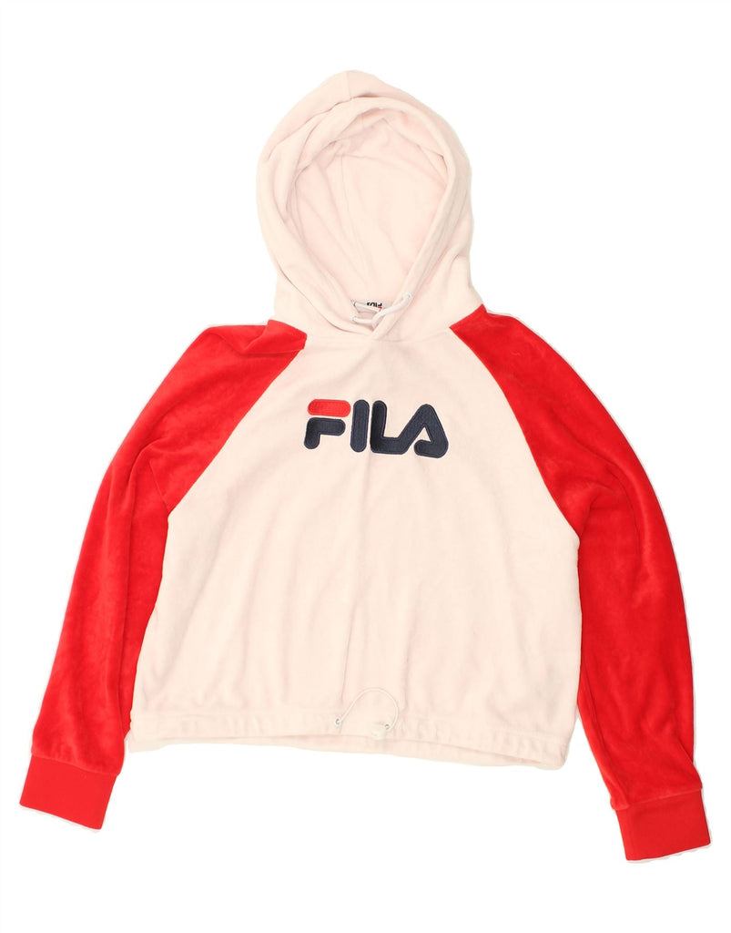 FILA Womens Crop Graphic Hoodie Jumper UK 10 Small Red Colourblock Cotton | Vintage Fila | Thrift | Second-Hand Fila | Used Clothing | Messina Hembry 