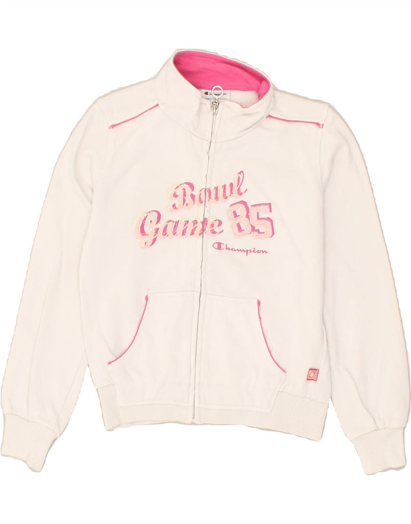 CHAMPION Girls Graphic Tracksuit Top Jacket 7-8 Years Small White Cotton | Vintage Champion | Thrift | Second-Hand Champion | Used Clothing | Messina Hembry 