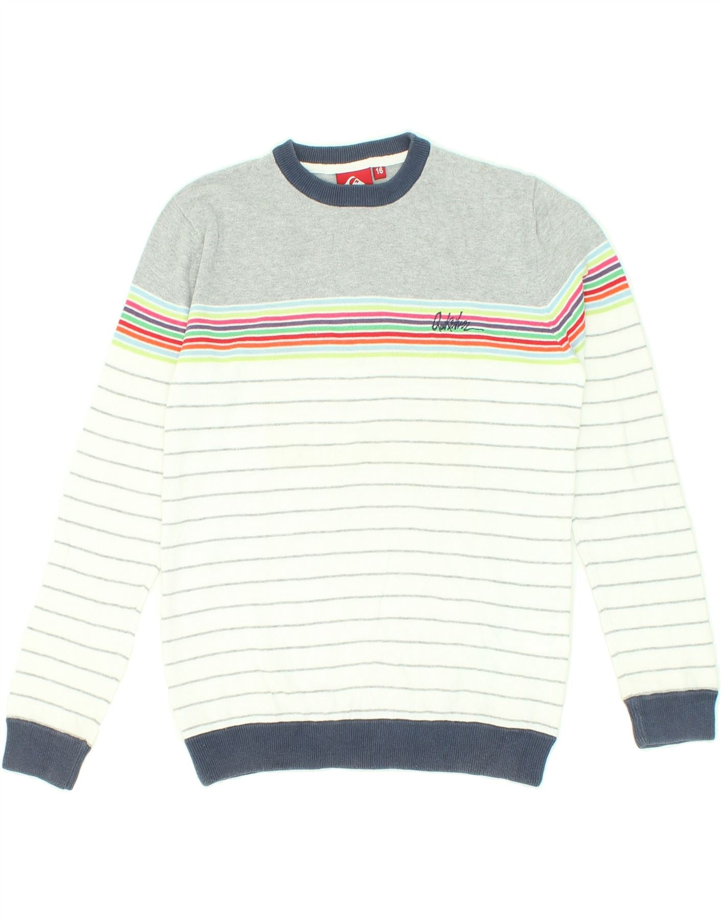 QUIKSILVER Boys Crew Neck Jumper Sweater 15-16 Years White Striped Cotton Vintage Quiksilver and Second-Hand Quiksilver from Messina Hembry