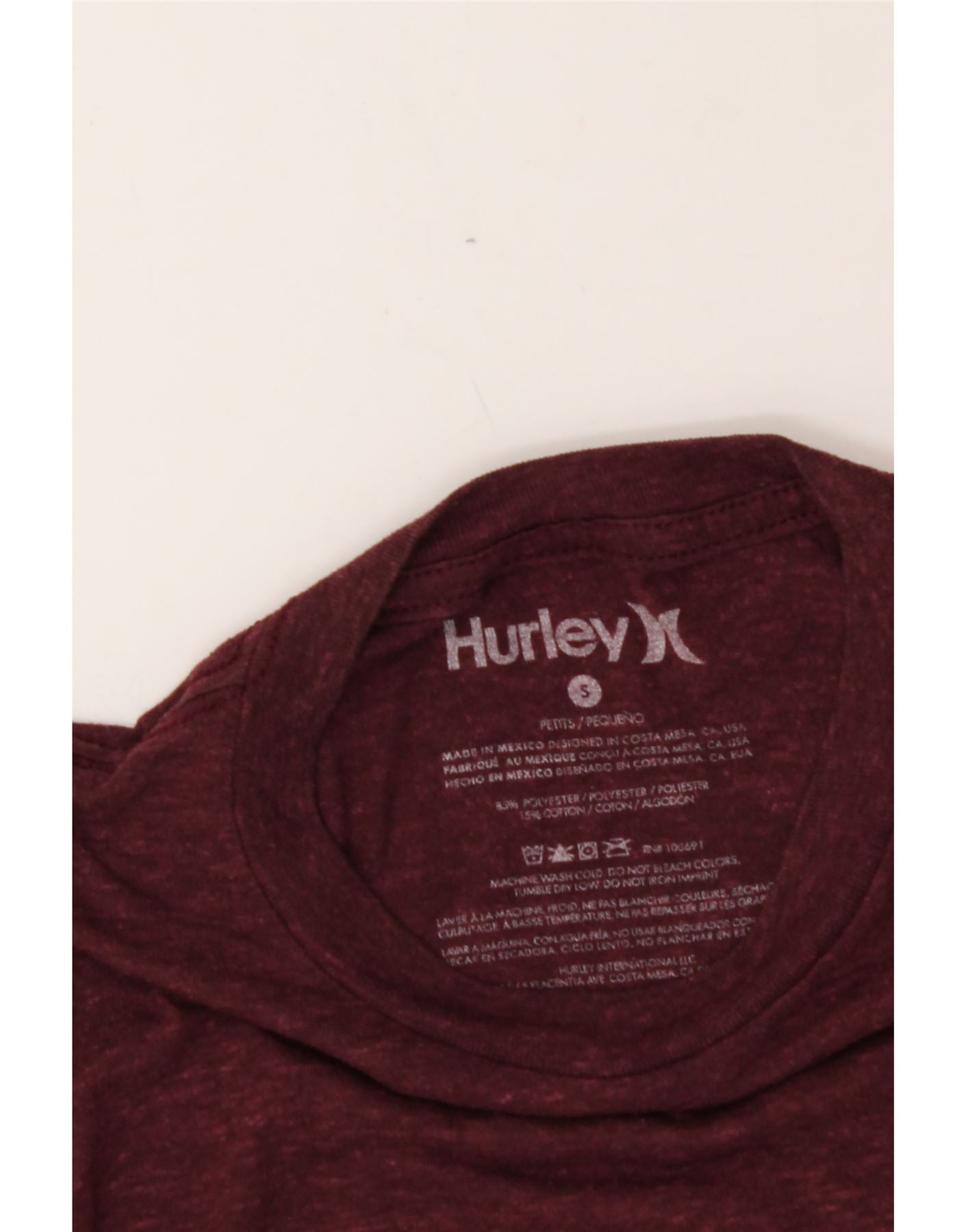 HURLEY Mens T-Shirt Top Small Maroon Polyester Vintage Hurley and Second-Hand Hurley from Messina Hembry