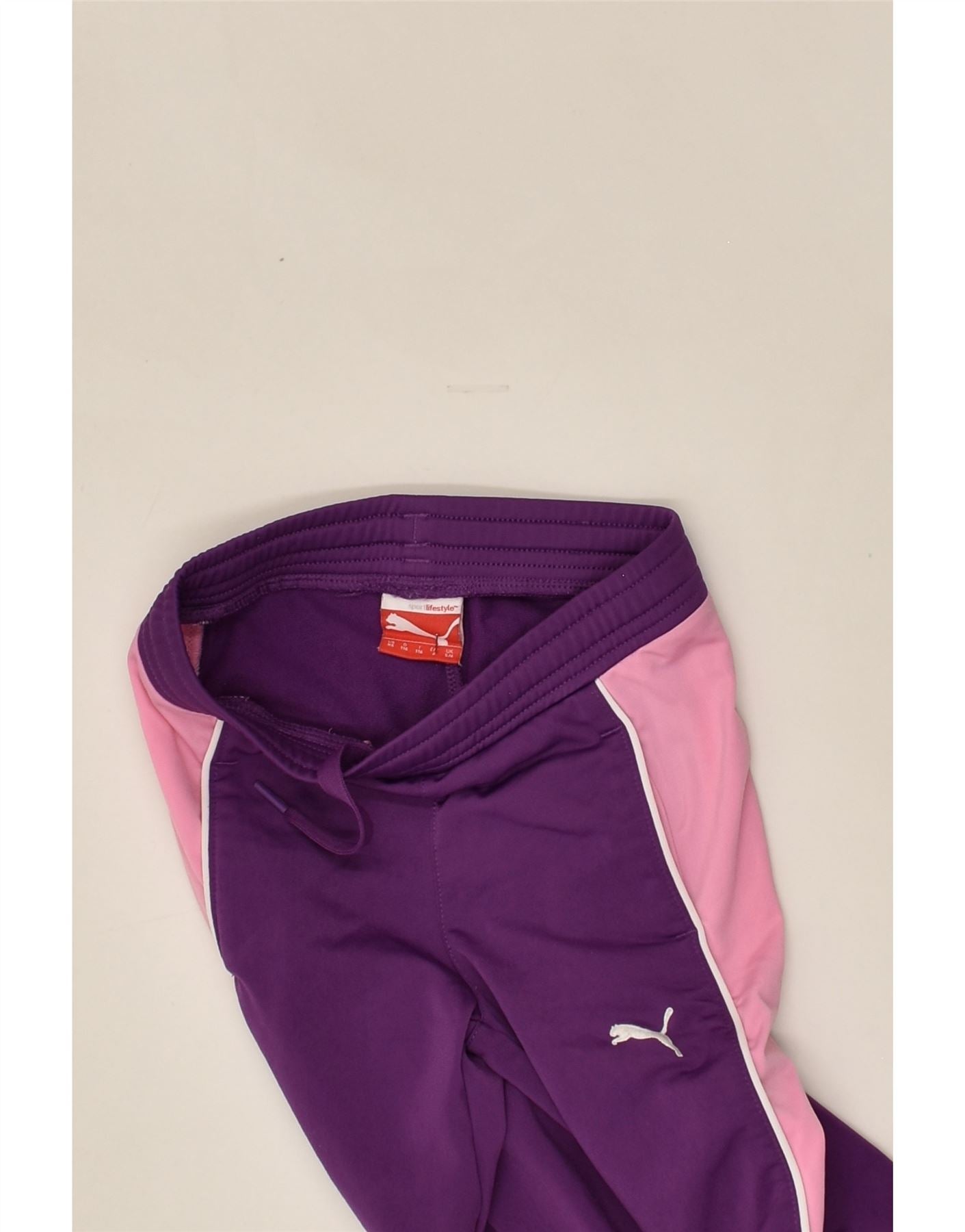 PUMA Girls Tracksuit Trousers 5-6 Years Purple Colourblock Polyester | Vintage Puma | Thrift | Second-Hand Puma | Used Clothing | Messina Hembry