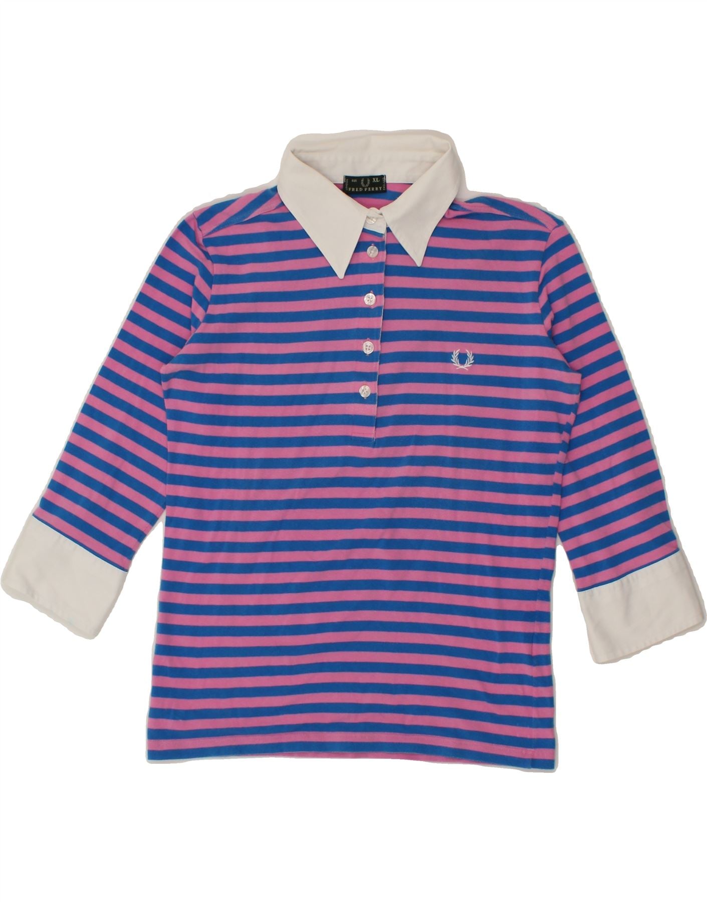 FRED PERRY Girls 3/4 Sleeve Polo Shirt 10-11 Years XL Blue Striped Cotton Vintage Fred Perry and Second-Hand Fred Perry from Messina Hembry