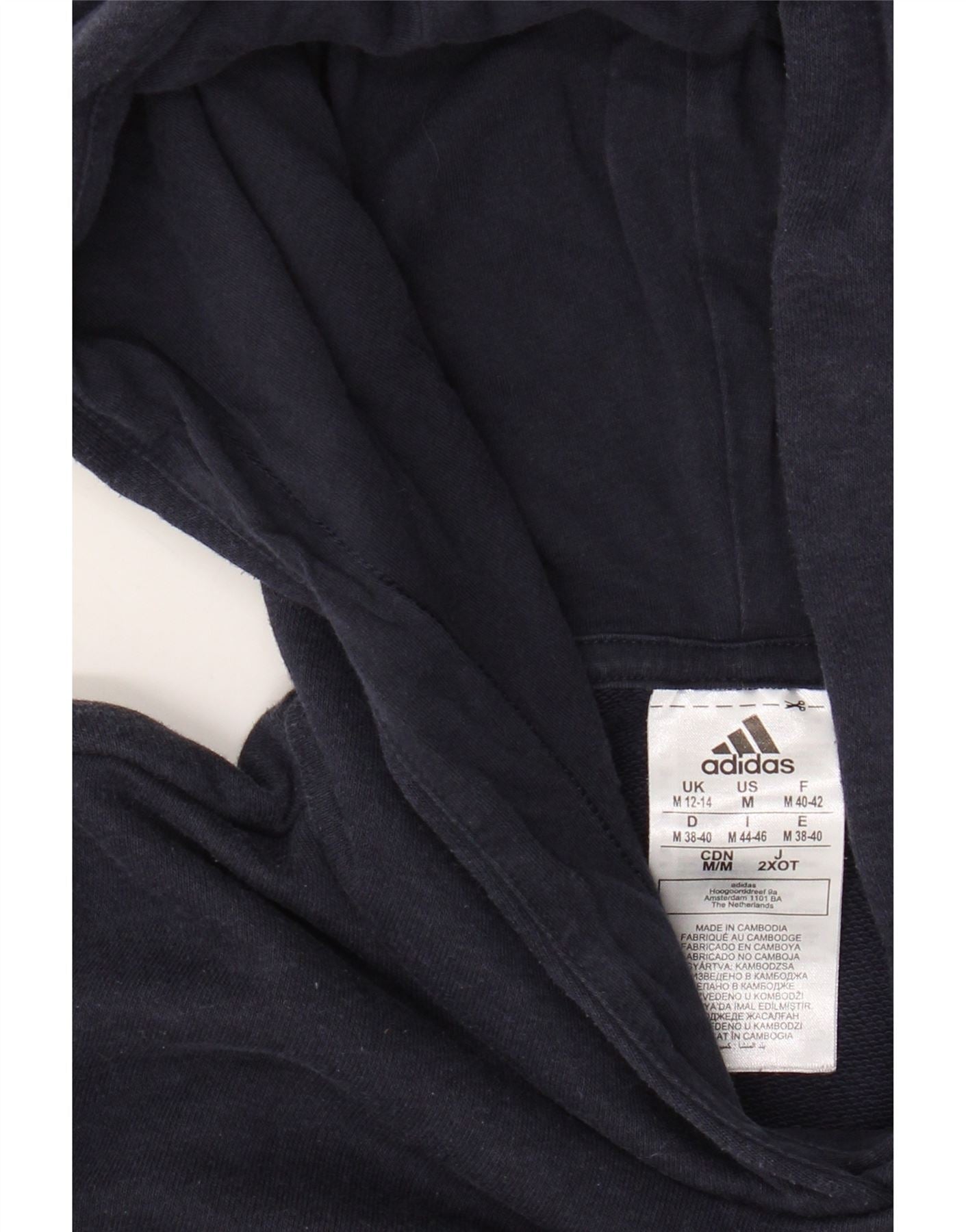 ADIDAS Womens Graphic Hoodie Jumper UK 12/14 Medium Navy Blue Cotton Vintage Adidas and Second-Hand Adidas from Messina Hembry