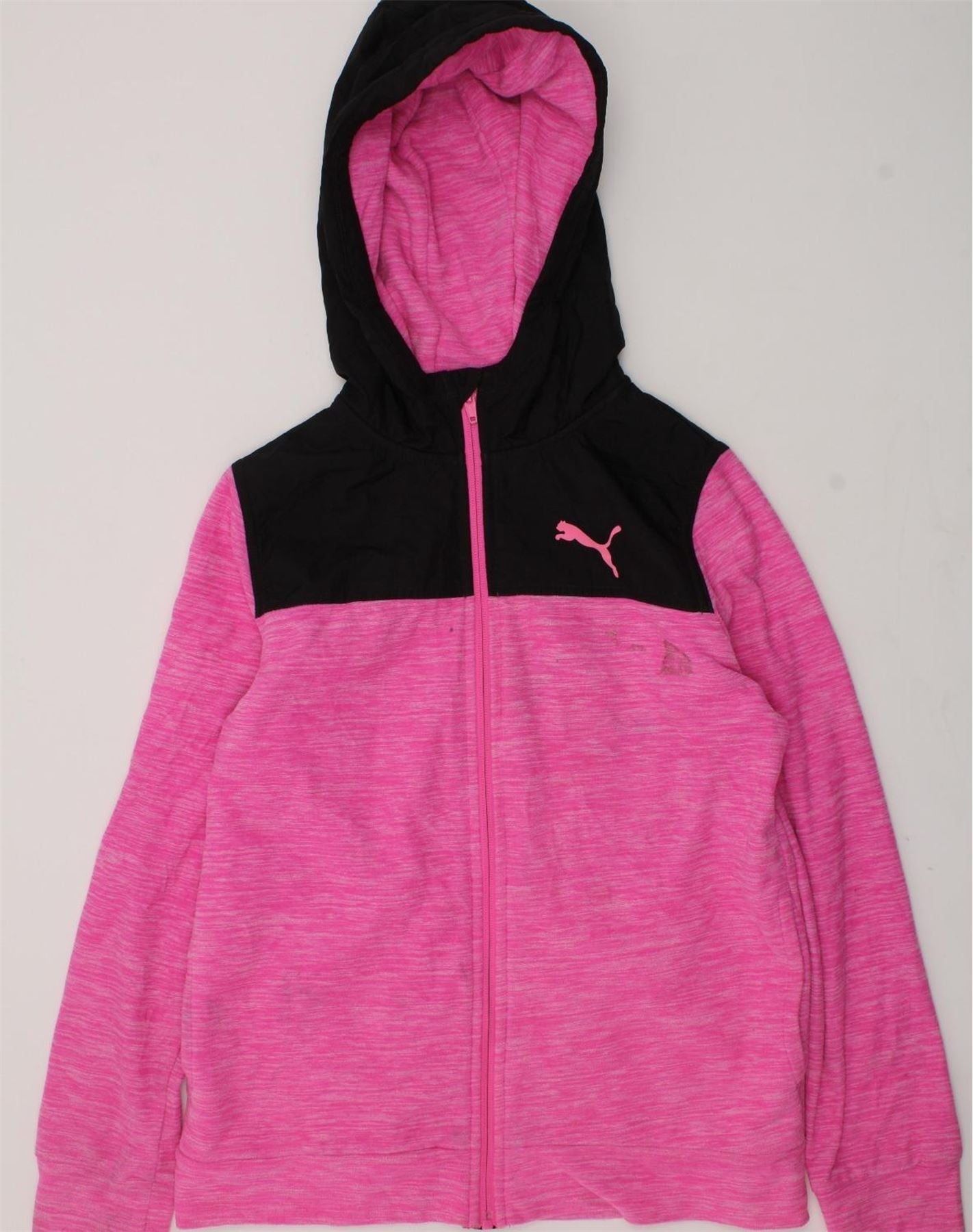 PUMA Girls Zip Hoodie Sweater 14-15 Years Large Pink Colourblock Polyester | Vintage Puma | Thrift | Second-Hand Puma | Used Clothing | Messina Hembry