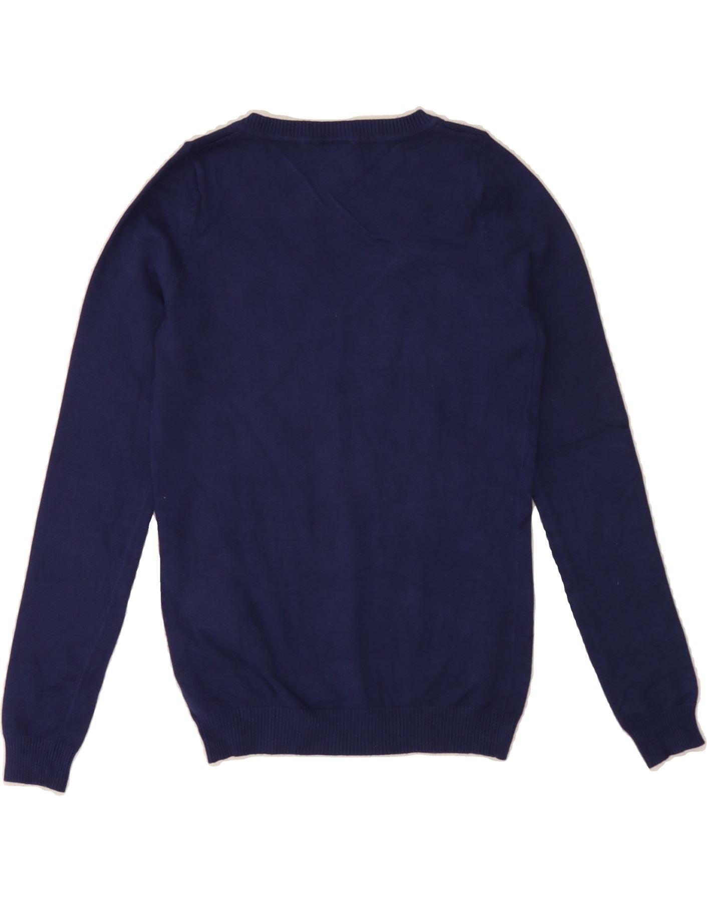 CALVIN KLEIN Womens V-Neck Jumper Sweater UK 8 Small Navy Blue Viscose Vintage Calvin Klein and Second-Hand Calvin Klein from Messina Hembry