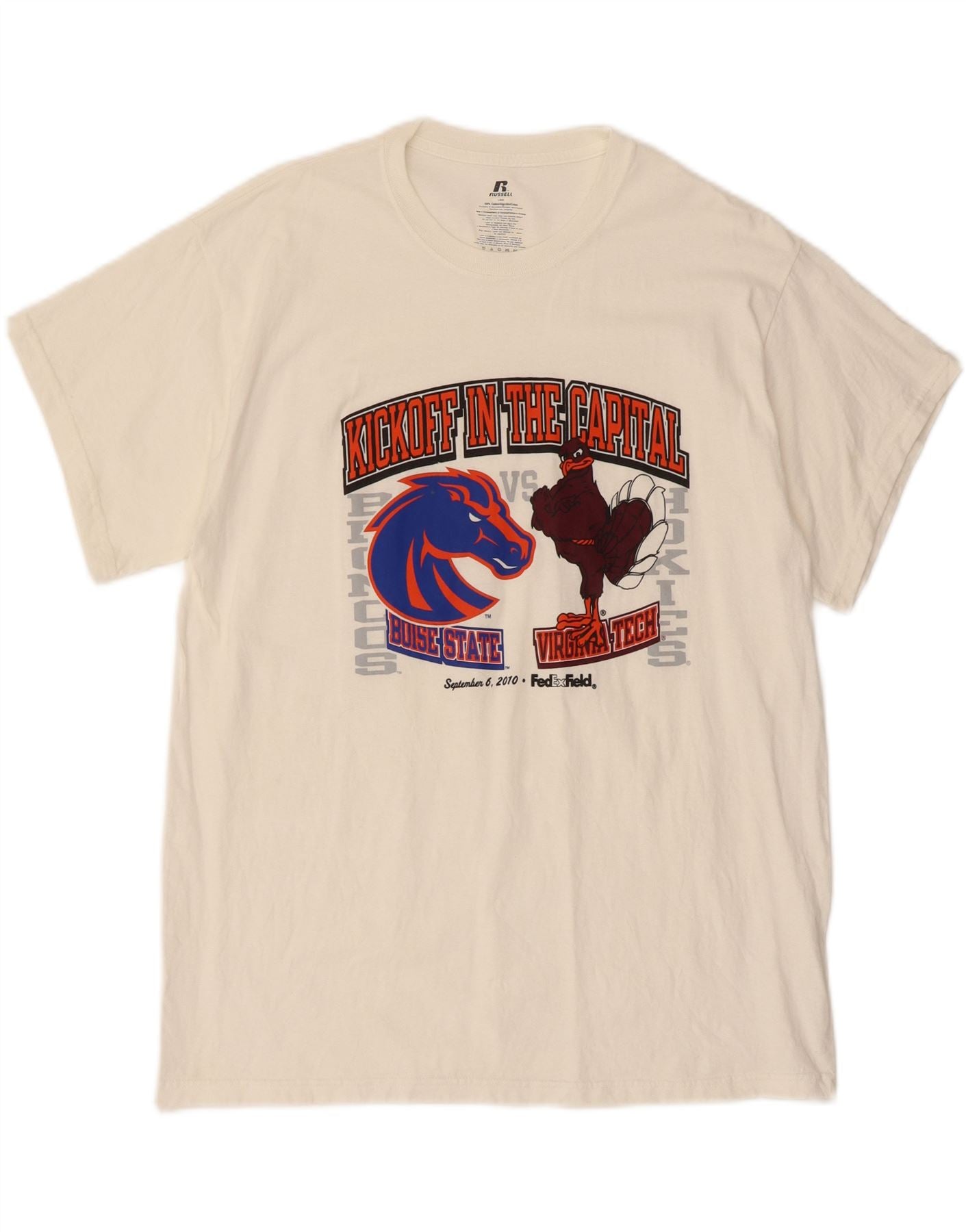 RUSSELL ATHLETIC Mens Boise State Graphic T-Shirt Top Large White Cotton Vintage Russell Athletic and Second-Hand Russell Athletic from Messina Hembry