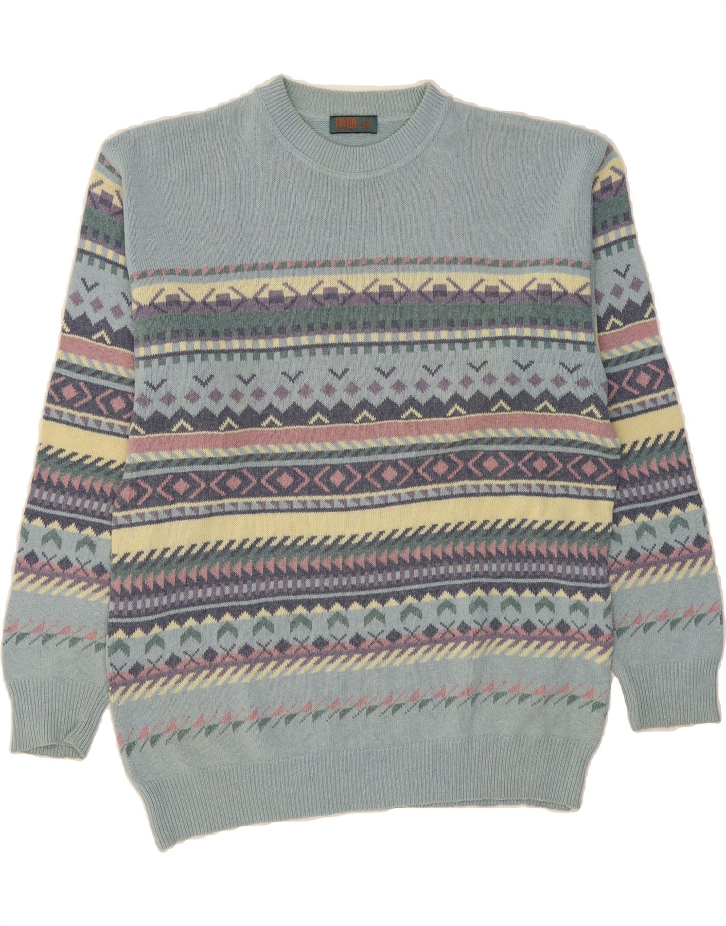 VINTAGE Mens Crew Neck Jumper Sweater IT 52 Large Blue Fair Isle Cotton Vintage Vintage and Second-Hand Vintage from Messina Hembry