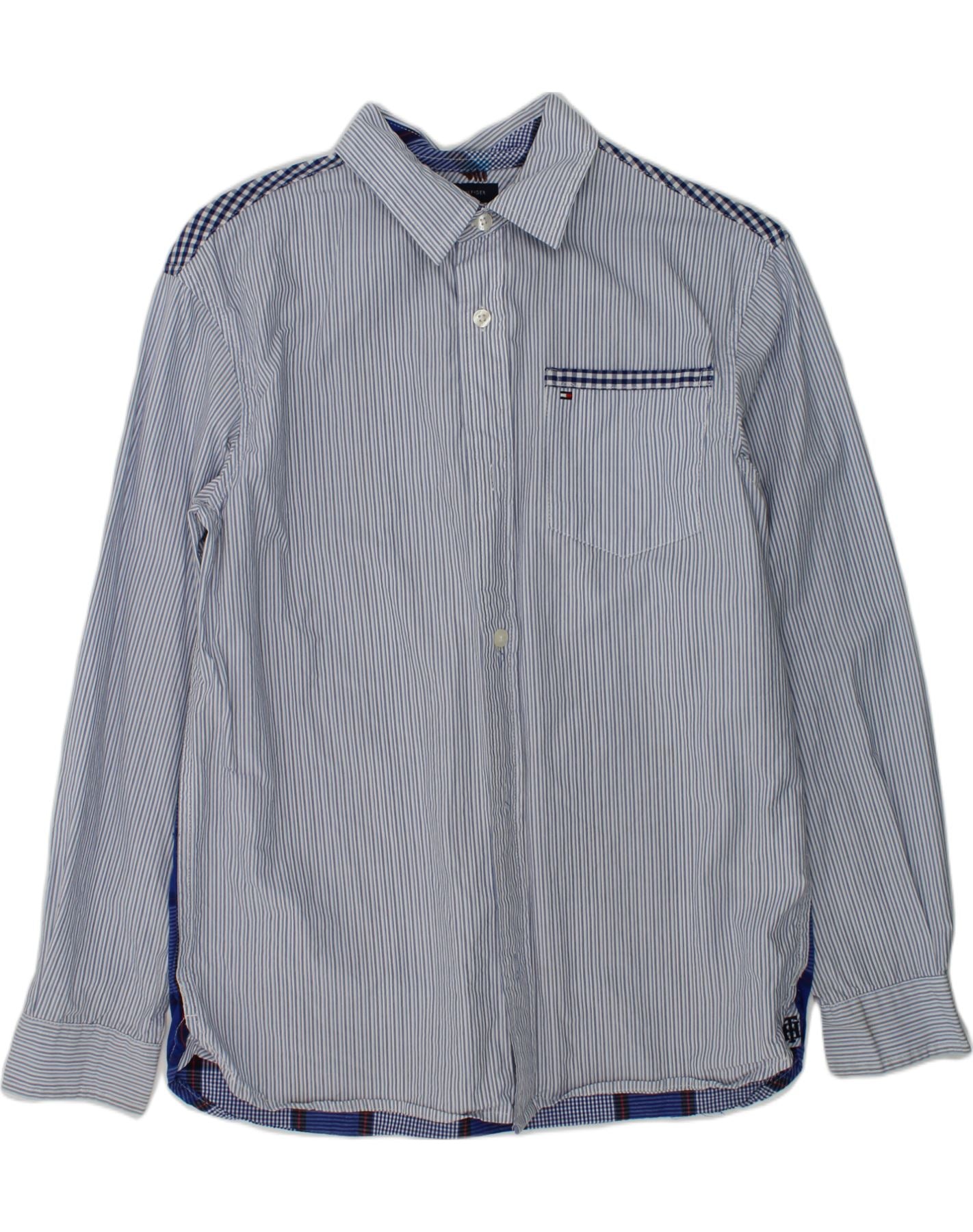 TOMMY HILFIGER Boys Shirt 12-13 Years Large  Blue Patchwork Cotton | Vintage Tommy Hilfiger | Thrift | Second-Hand Tommy Hilfiger | Used Clothing | Messina Hembry