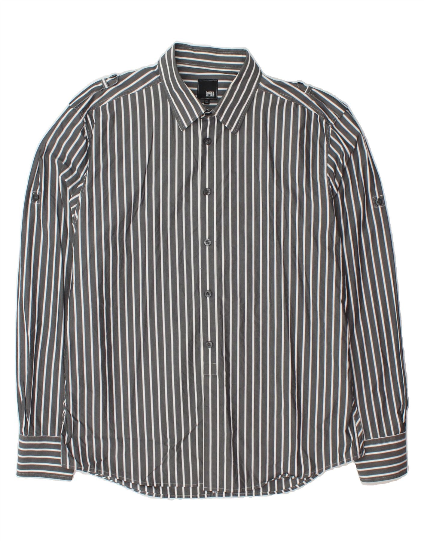 JACK & JONES Mens Military Shirt 2XL Grey Striped Cotton Vintage Jack & Jones and Second-Hand Jack & Jones from Messina Hembry