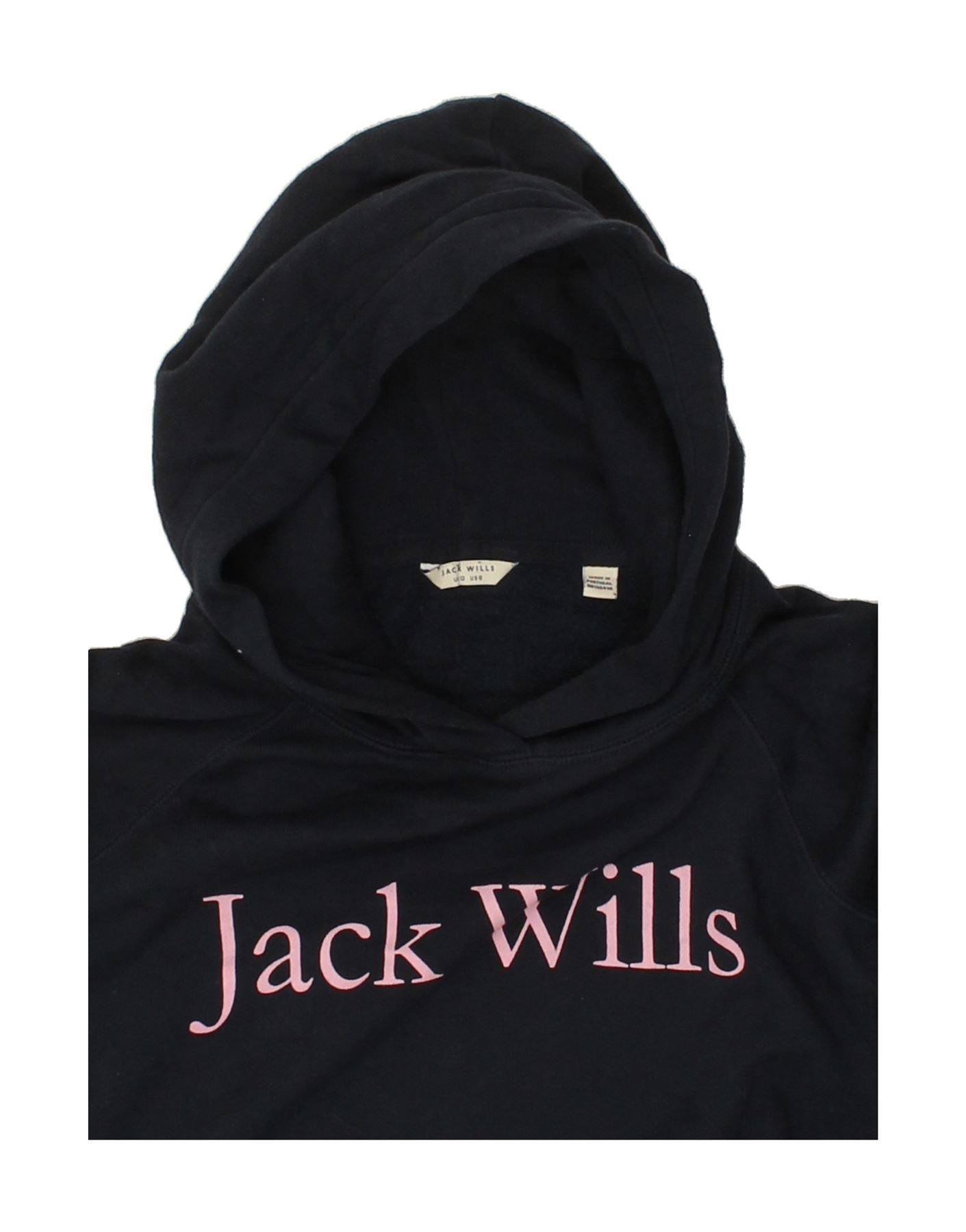 JACK WILLS Womens Graphic Hoodie Jumper UK 12 Medium  Navy Blue Cotton Vintage Jack Wills and Second-Hand Jack Wills from Messina Hembry