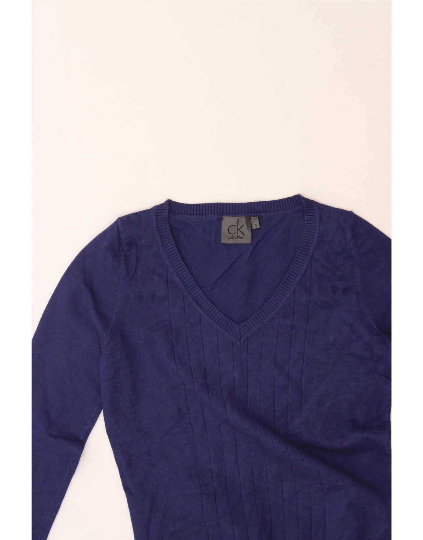 CALVIN KLEIN Womens V-Neck Jumper Sweater UK 8 Small Navy Blue Viscose Vintage Calvin Klein and Second-Hand Calvin Klein from Messina Hembry