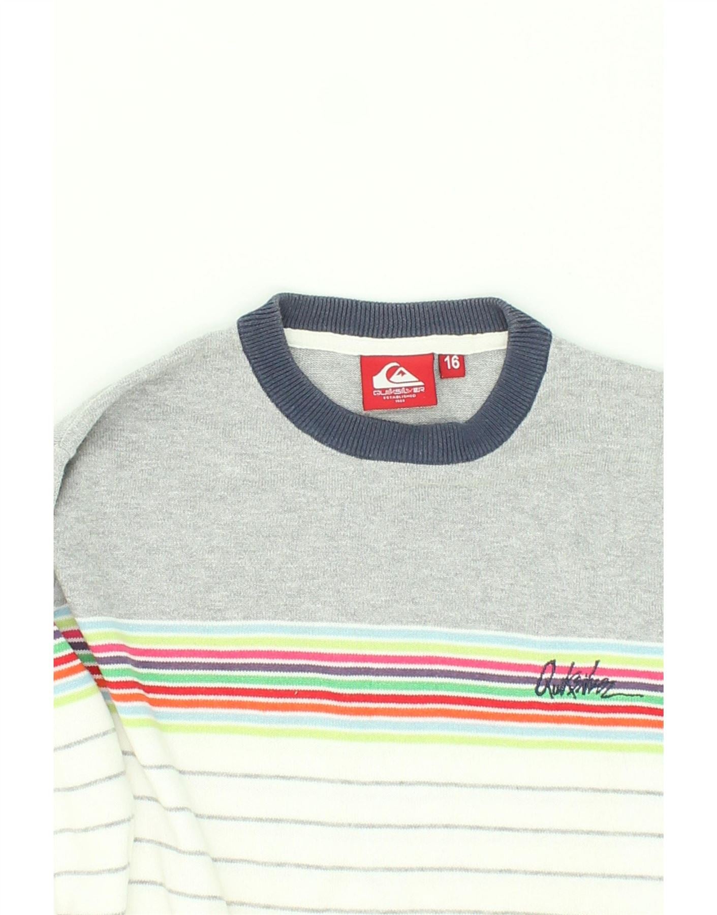 QUIKSILVER Boys Crew Neck Jumper Sweater 15-16 Years White Striped Cotton Vintage Quiksilver and Second-Hand Quiksilver from Messina Hembry