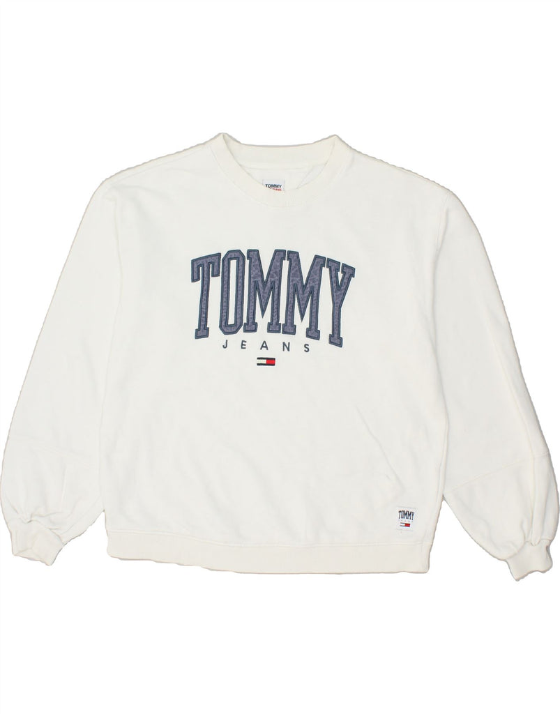 TOMMY HILFIGER Mens Graphic Sweatshirt Jumper Medium White Cotton | Vintage Tommy Hilfiger | Thrift | Second-Hand Tommy Hilfiger | Used Clothing | Messina Hembry 