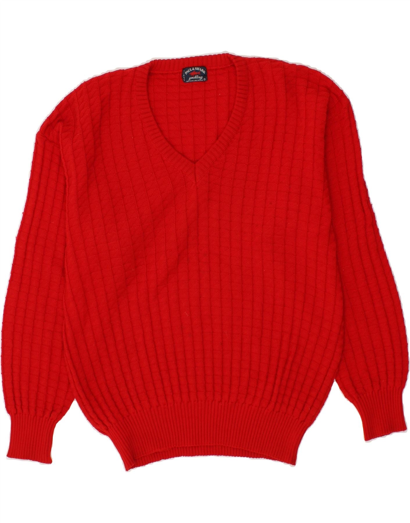 PAUL & SHARK Mens Yachting V-Neck Jumper Sweater Large Red Virgin Wool Vintage Paul & Shark and Second-Hand Paul & Shark from Messina Hembry