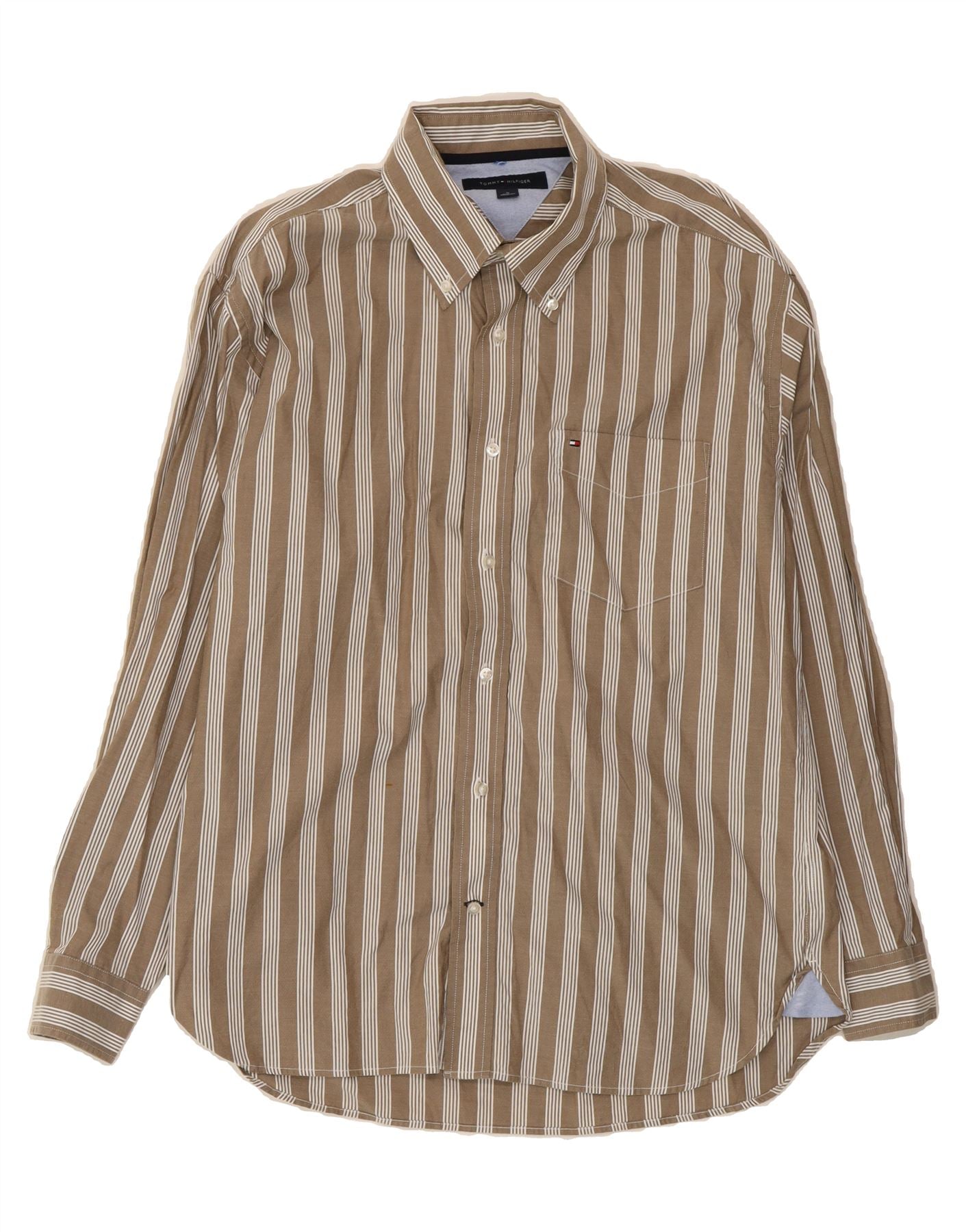 TOMMY HILFIGER Mens Shirt Medium Grey Striped Cotton Vintage Tommy Hilfiger and Second-Hand Tommy Hilfiger from Messina Hembry