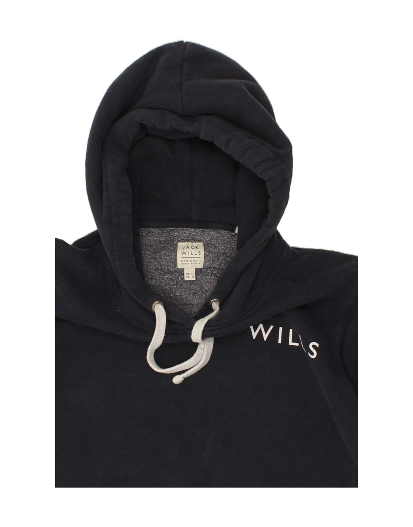 JACK WILLS Womens Graphic Hoodie Jumper UK 12 Medium  Navy Blue Cotton Vintage Jack Wills and Second-Hand Jack Wills from Messina Hembry