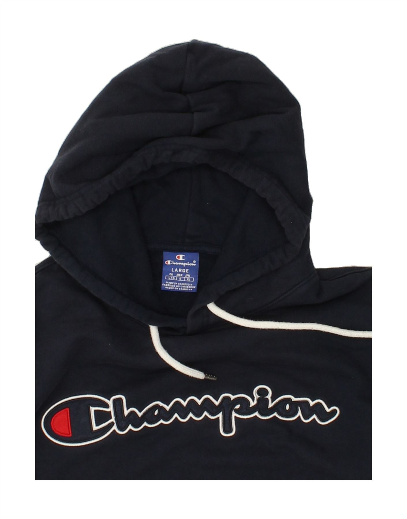 CHAMPION Womens Graphic Hoodie Jumper UK 16 Large Navy Blue Cotton Vintage Champion and Second-Hand Champion from Messina Hembry