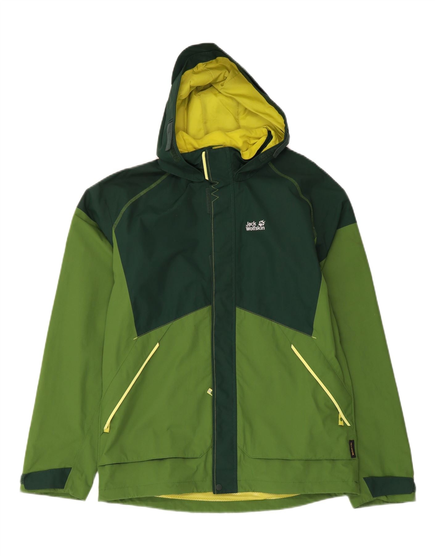JACK WOLFSKIN Boys Hooded Rain Jacket 15-16 Years Green Colourblock Vintage Jack Wolfskin and Second-Hand Jack Wolfskin from Messina Hembry