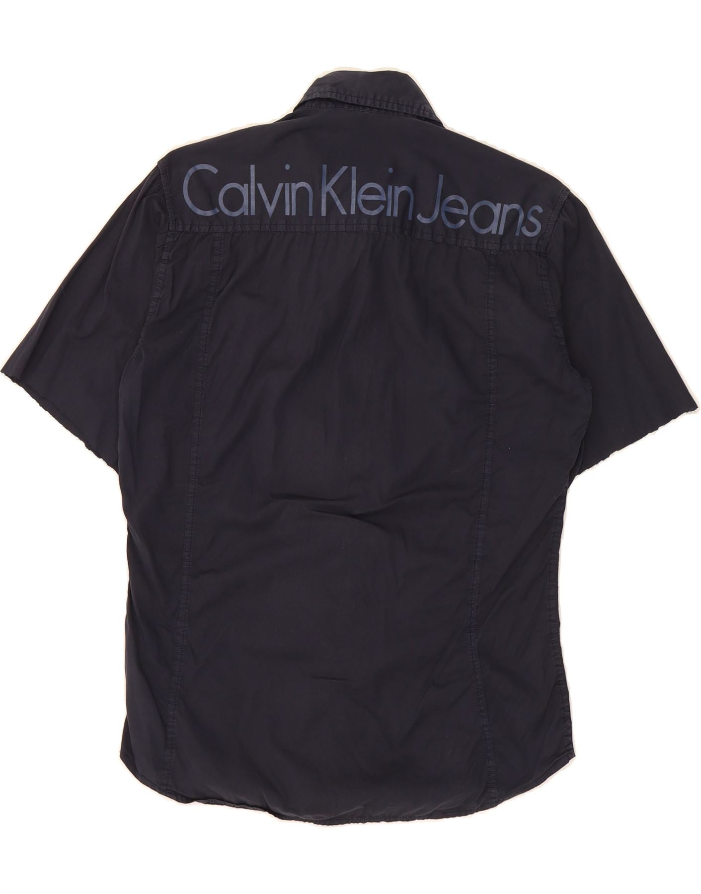 CALVIN KLEIN Mens Graphic Short Sleeve Shirt Small Navy Blue Cotton Vintage Calvin Klein and Second-Hand Calvin Klein from Messina Hembry