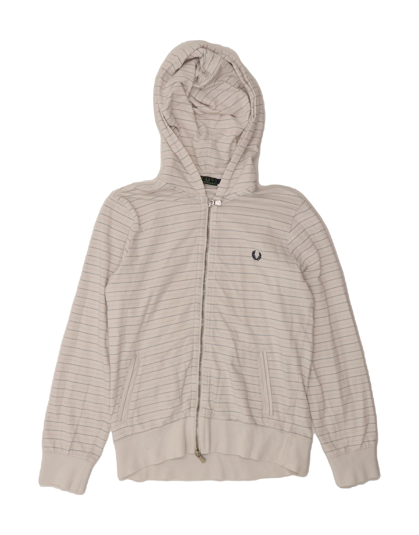 FRED PERRY Girls Zip Hoodie Sweater 12-13 Years Large  White Striped Vintage Fred Perry and Second-Hand Fred Perry from Messina Hembry