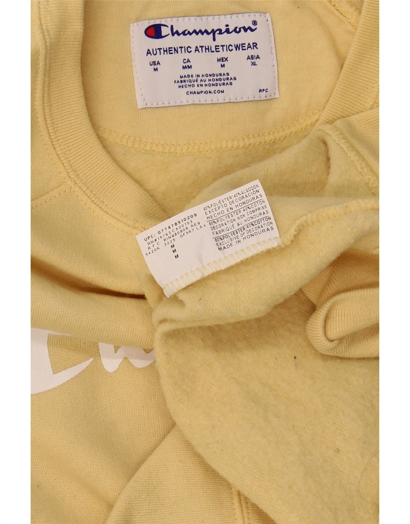 CHAMPION Womens Graphic Sweatshirt Jumper UK 14 Medium Yellow Polyester Vintage Champion and Second-Hand Champion from Messina Hembry